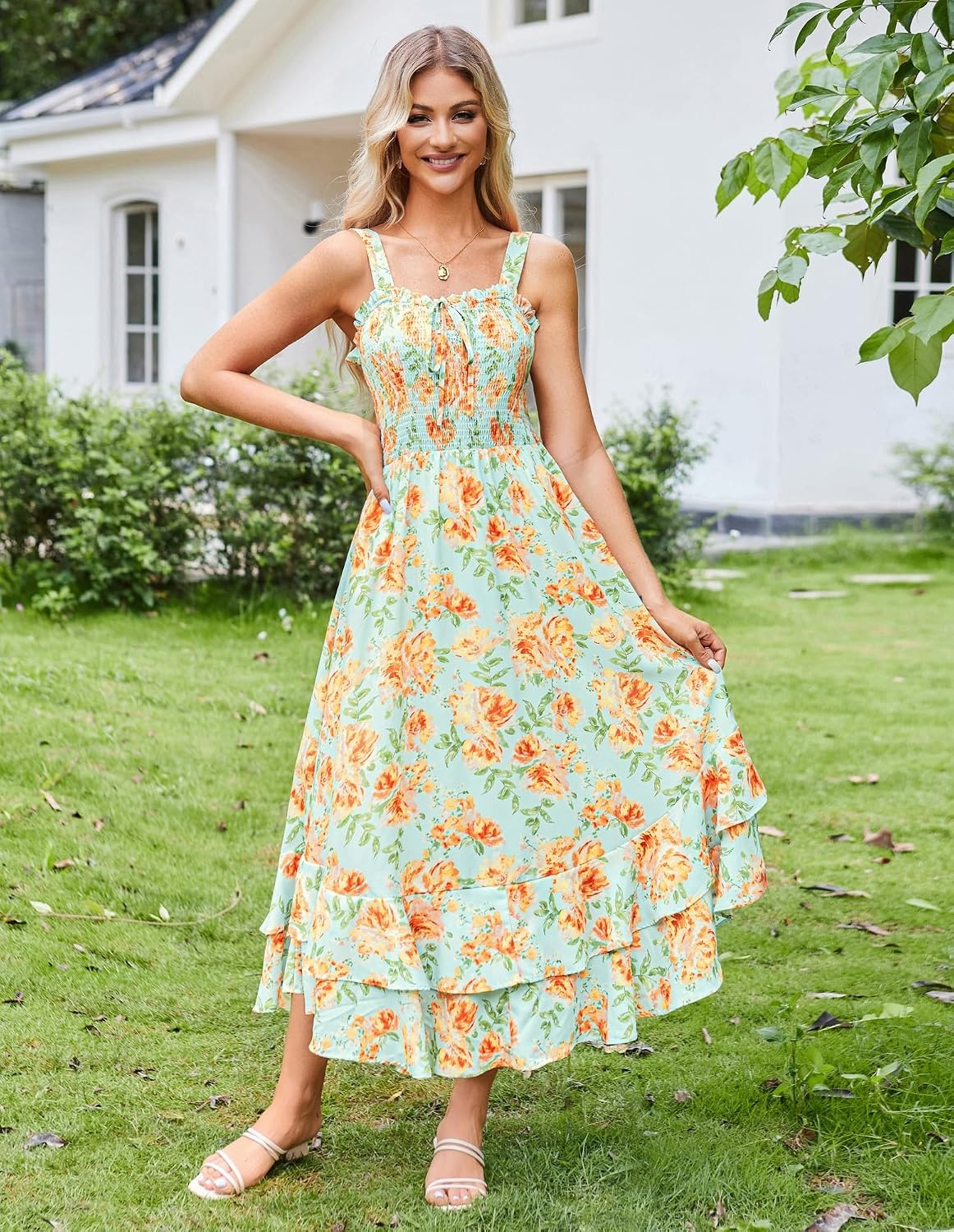 image:imageGRACE KARIN Womens 2026 Summer Floral Boho Dresses Square Neck Strapped Swing A Line Sundress Long Maxi Beach Dress Outfits Sleeveless Hawaiian Trendy Fashion ClothesYellow Floral