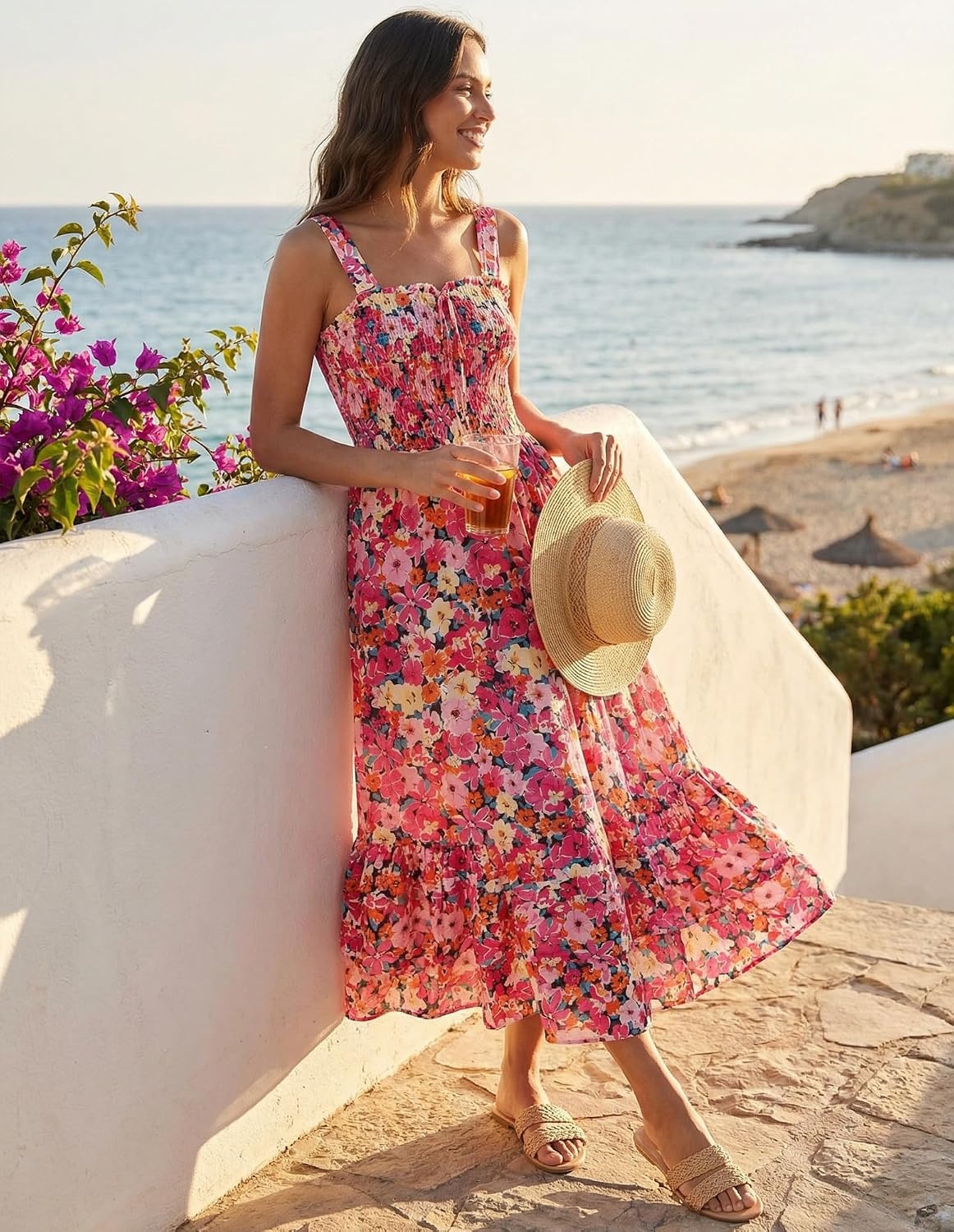 image:imageGRACE KARIN Womens 2026 Summer Floral Boho Dresses Square Neck Strapped Swing A Line Sundress Long Maxi Beach Dress Outfits Sleeveless Hawaiian Trendy Fashion ClothesPink Orange