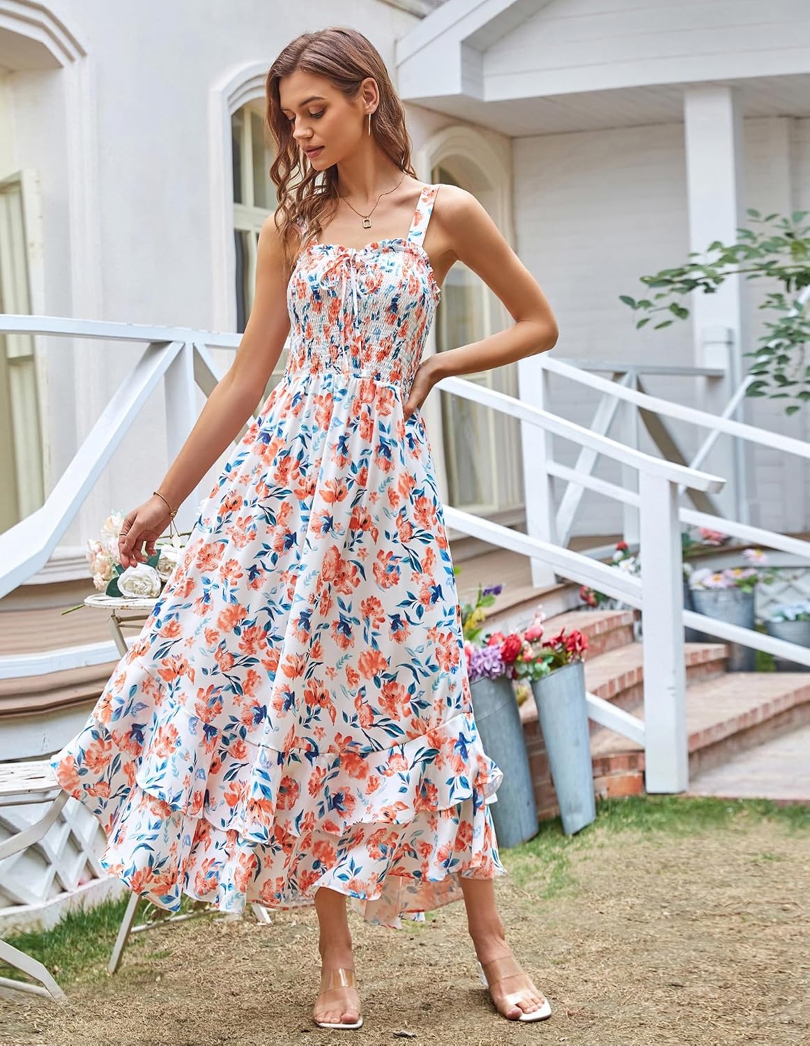 image:imageGRACE KARIN Womens 2026 Summer Floral Boho Dresses Square Neck Strapped Swing A Line Sundress Long Maxi Beach Dress Outfits Sleeveless Hawaiian Trendy Fashion ClothesOrange Floral