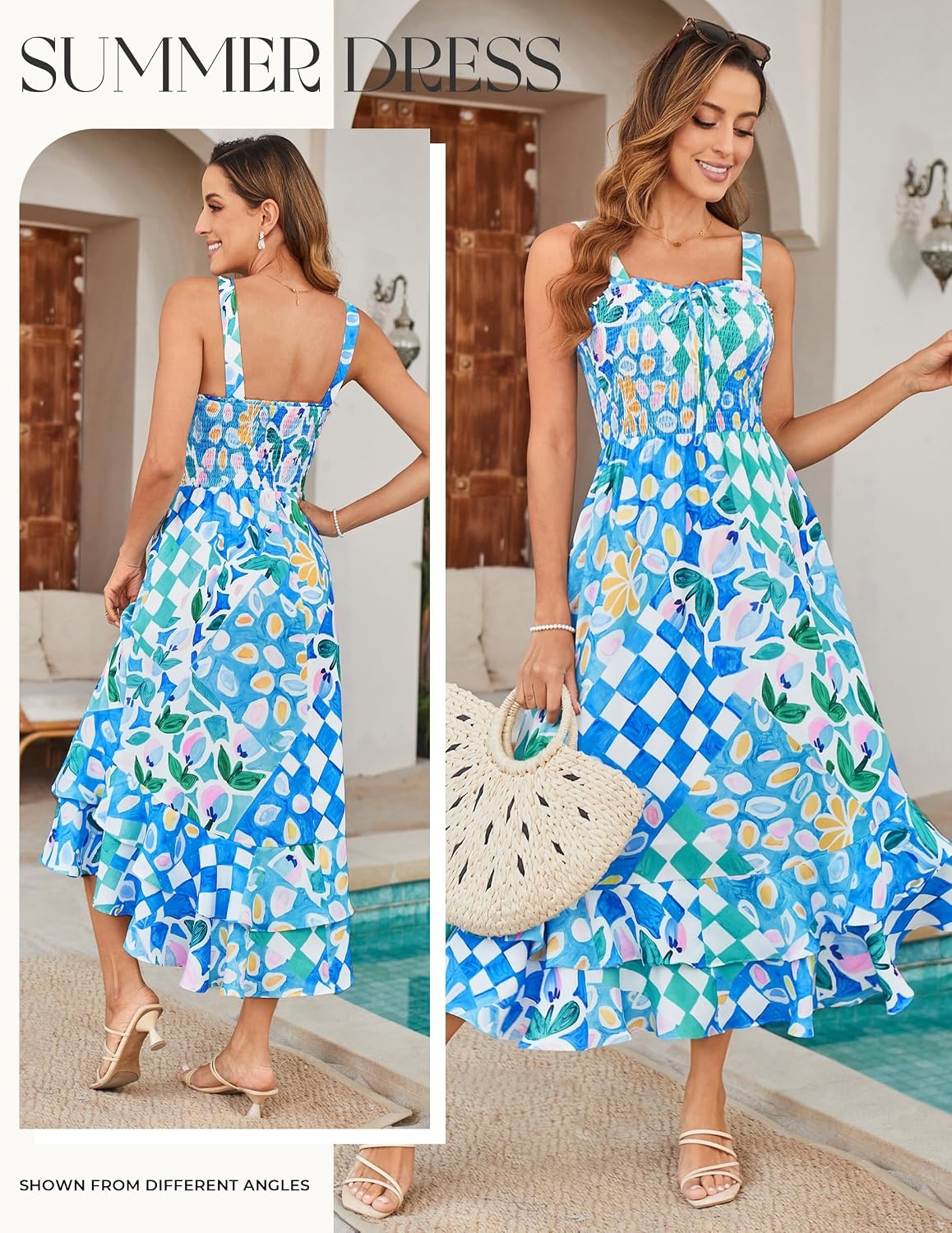image:imageGRACE KARIN Womens 2026 Summer Floral Boho Dresses Square Neck Strapped Swing A Line Sundress Long Maxi Beach Dress Outfits Sleeveless Hawaiian Trendy Fashion ClothesBlue Green