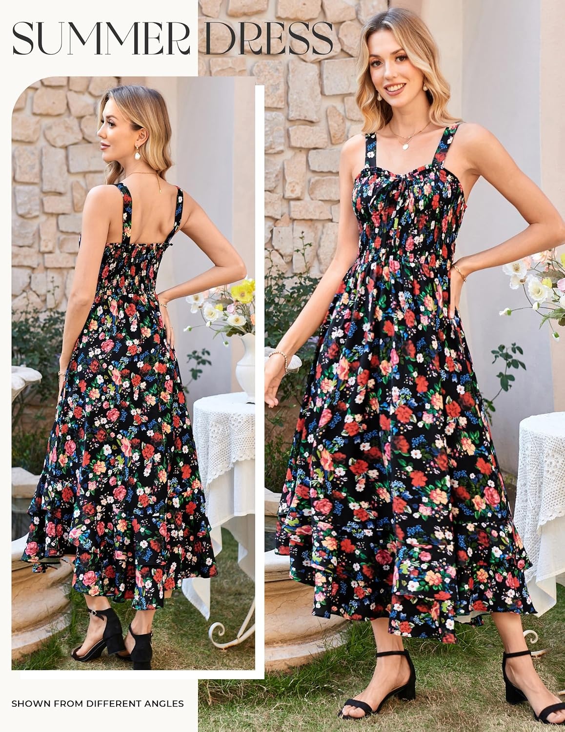 image:imageGRACE KARIN Womens 2026 Summer Floral Boho Dresses Square Neck Strapped Swing A Line Sundress Long Maxi Beach Dress Outfits Sleeveless Hawaiian Trendy Fashion ClothesBlack Floral