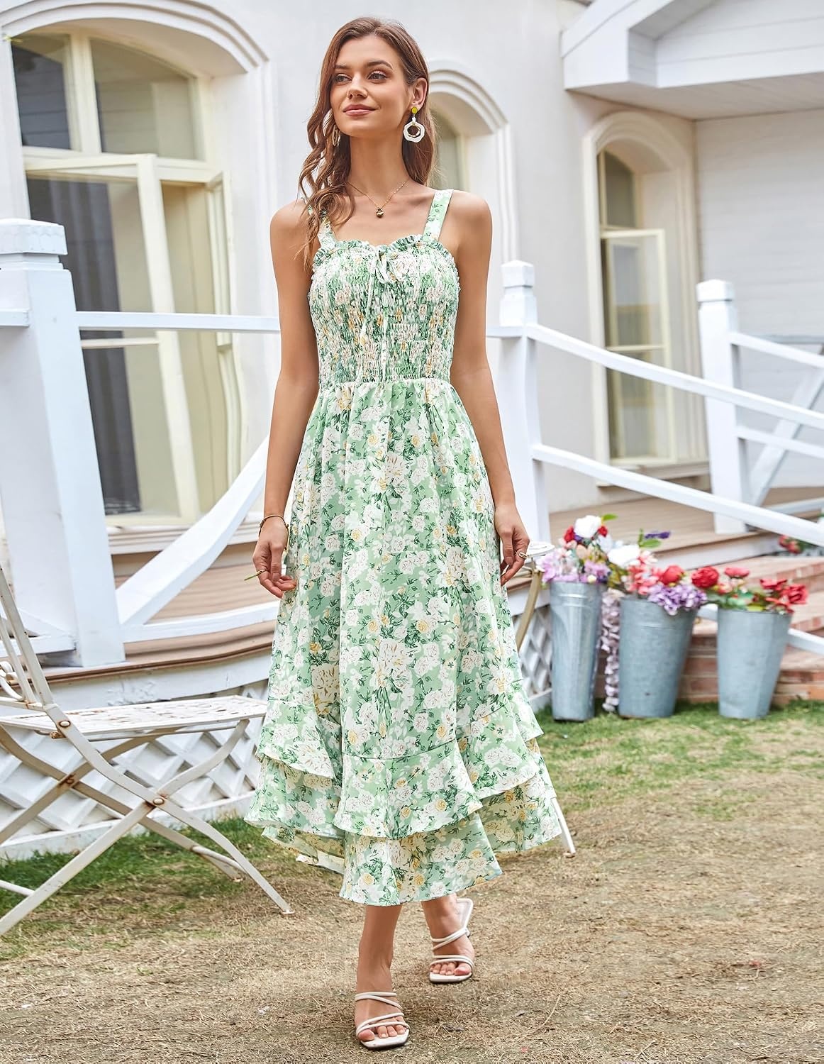 image:imageGRACE KARIN Womens 2026 Summer Floral Boho Dresses Square Neck Strapped Swing A Line Sundress Long Maxi Beach Dress Outfits Sleeveless Hawaiian Trendy Fashion ClothesGreen White