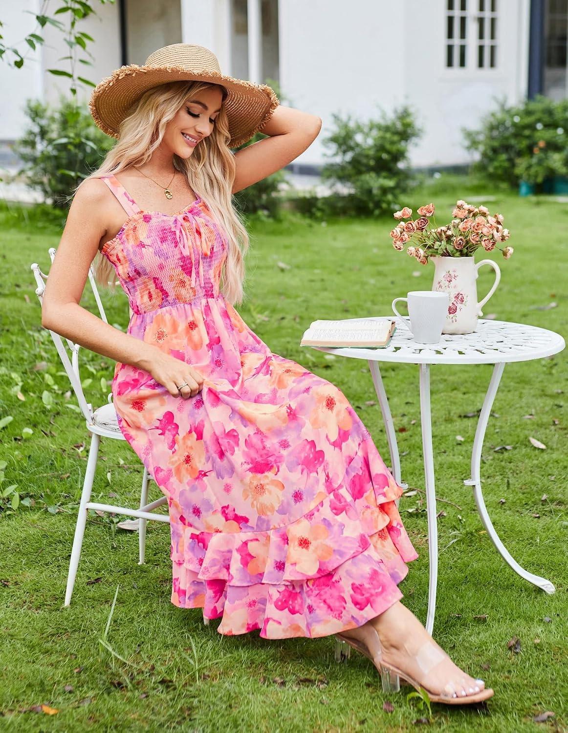 image:imageGRACE KARIN Womens 2026 Summer Floral Boho Dresses Square Neck Strapped Swing A Line Sundress Long Maxi Beach Dress Outfits Sleeveless Hawaiian Trendy Fashion ClothesPink Yellow