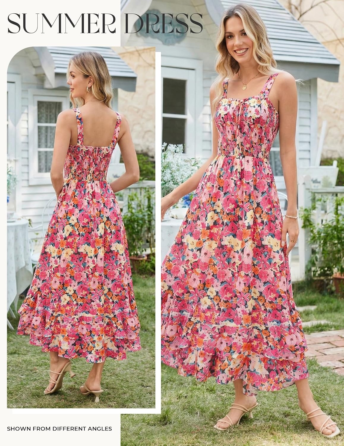 image:imageGRACE KARIN Womens 2026 Summer Floral Boho Dresses Square Neck Strapped Swing A Line Sundress Long Maxi Beach Dress Outfits Sleeveless Hawaiian Trendy Fashion ClothesPink Orange