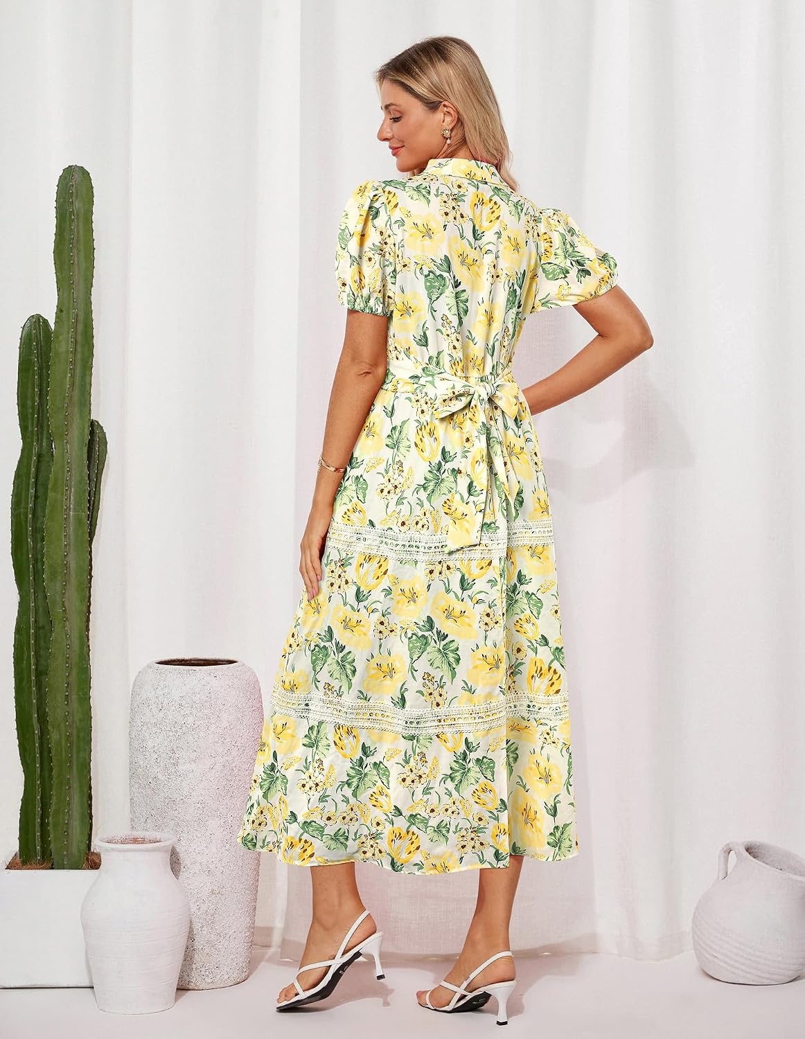 image:imageGRACE KARIN Womens 2026 Summer Floral Maxi Dresses 2 Pocket Flowy Bohemian A Line Tie Belt Short Puff Sleeve Shirt Collar Lightweight Vacation Easter Wedding ShowerYellow Green