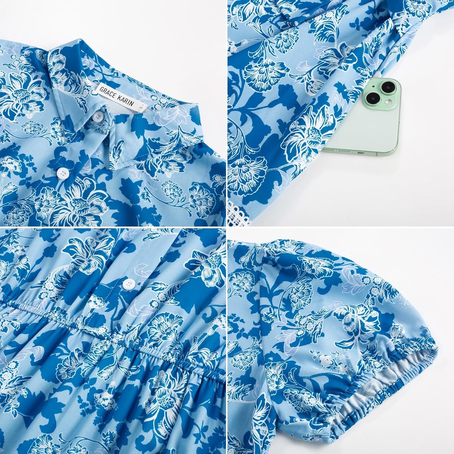 image:imageGRACE KARIN Womens 2026 Summer Floral Maxi Dresses 2 Pocket Flowy Bohemian A Line Tie Belt Short Puff Sleeve Shirt Collar Lightweight Vacation Easter Wedding ShowerBlue Floral