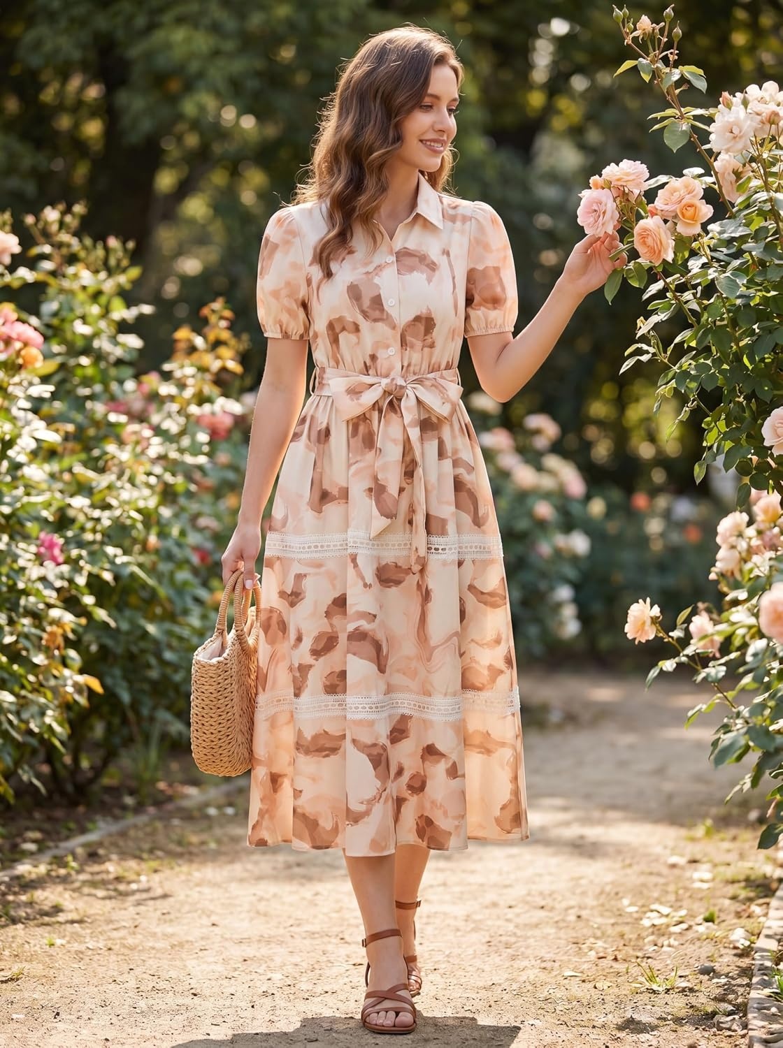 image:imageGRACE KARIN Womens 2026 Summer Floral Maxi Dresses 2 Pocket Flowy Bohemian A Line Tie Belt Short Puff Sleeve Shirt Collar Lightweight Vacation Easter Wedding ShowerBeige Brown