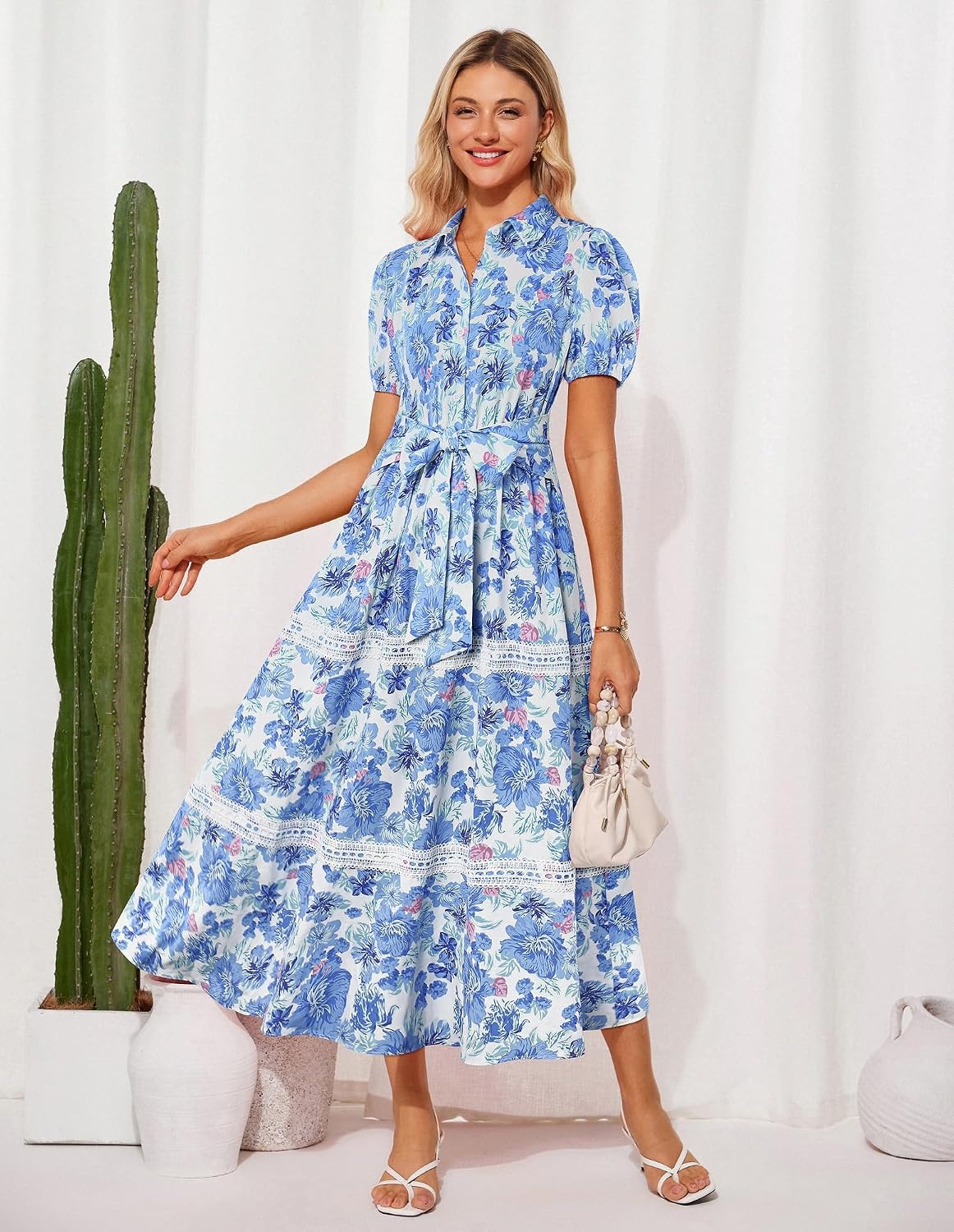image:imageGRACE KARIN Womens 2026 Summer Floral Maxi Dresses 2 Pocket Flowy Bohemian A Line Tie Belt Short Puff Sleeve Shirt Collar Lightweight Vacation Easter Wedding ShowerBlue Pink