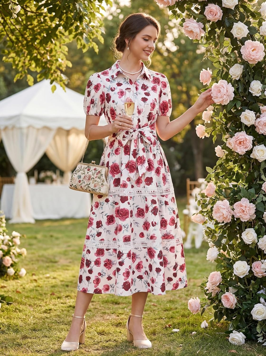 image:imageGRACE KARIN Womens 2026 Summer Floral Maxi Dresses 2 Pocket Flowy Bohemian A Line Tie Belt Short Puff Sleeve Shirt Collar Lightweight Vacation Easter Wedding ShowerRose