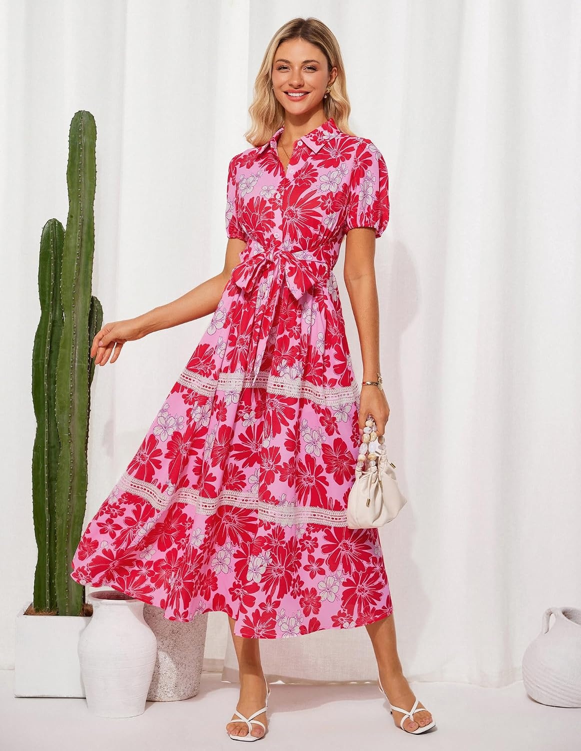 image:imageGRACE KARIN Womens 2026 Summer Floral Maxi Dresses 2 Pocket Flowy Bohemian A Line Tie Belt Short Puff Sleeve Shirt Collar Lightweight Vacation Easter Wedding ShowerPink Red
