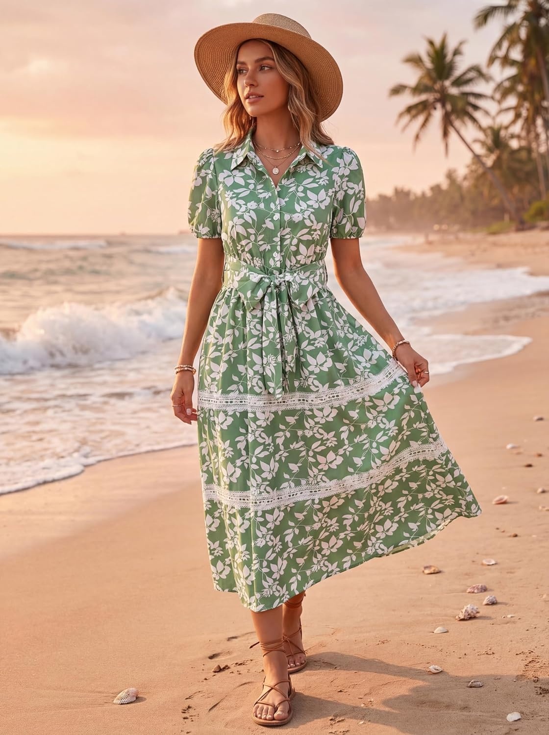 image:imageGRACE KARIN Womens 2026 Summer Floral Maxi Dresses 2 Pocket Flowy Bohemian A Line Tie Belt Short Puff Sleeve Shirt Collar Lightweight Vacation Easter Wedding ShowerGreen White Leaf