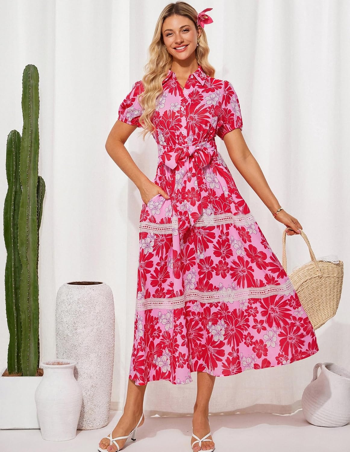 image:imageGRACE KARIN Womens 2026 Summer Floral Maxi Dresses 2 Pocket Flowy Bohemian A Line Tie Belt Short Puff Sleeve Shirt Collar Lightweight Vacation Easter Wedding ShowerPink Red