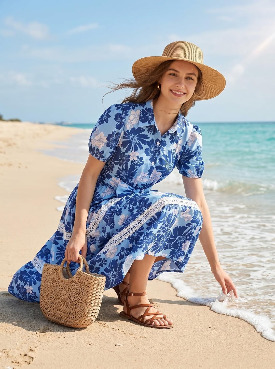 image:imageGRACE KARIN Womens 2026 Summer Floral Maxi Dresses 2 Pocket Flowy Bohemian A Line Tie Belt Short Puff Sleeve Shirt Collar Lightweight Vacation Easter Wedding ShowerNavy Flower