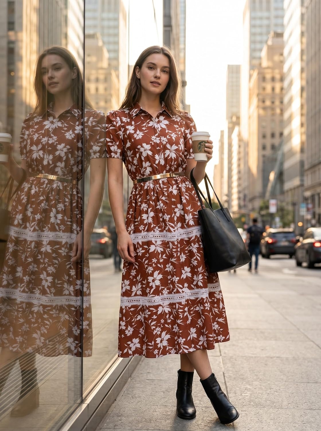 image:imageGRACE KARIN Womens 2026 Summer Floral Maxi Dresses 2 Pocket Flowy Bohemian A Line Tie Belt Short Puff Sleeve Shirt Collar Lightweight Vacation Easter Wedding ShowerBrown White