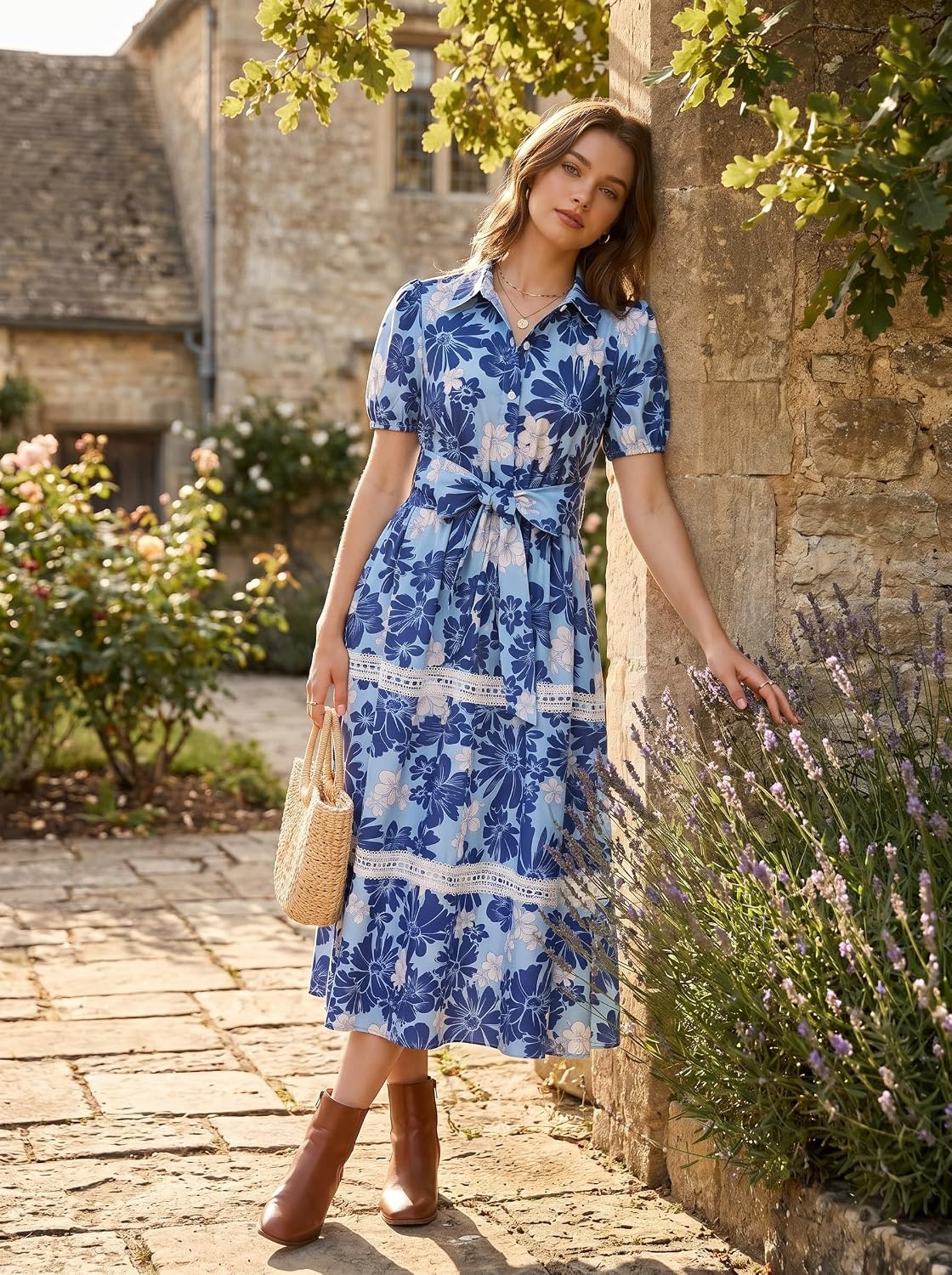 image:imageGRACE KARIN Womens 2026 Summer Floral Maxi Dresses 2 Pocket Flowy Bohemian A Line Tie Belt Short Puff Sleeve Shirt Collar Lightweight Vacation Easter Wedding ShowerNavy Flower