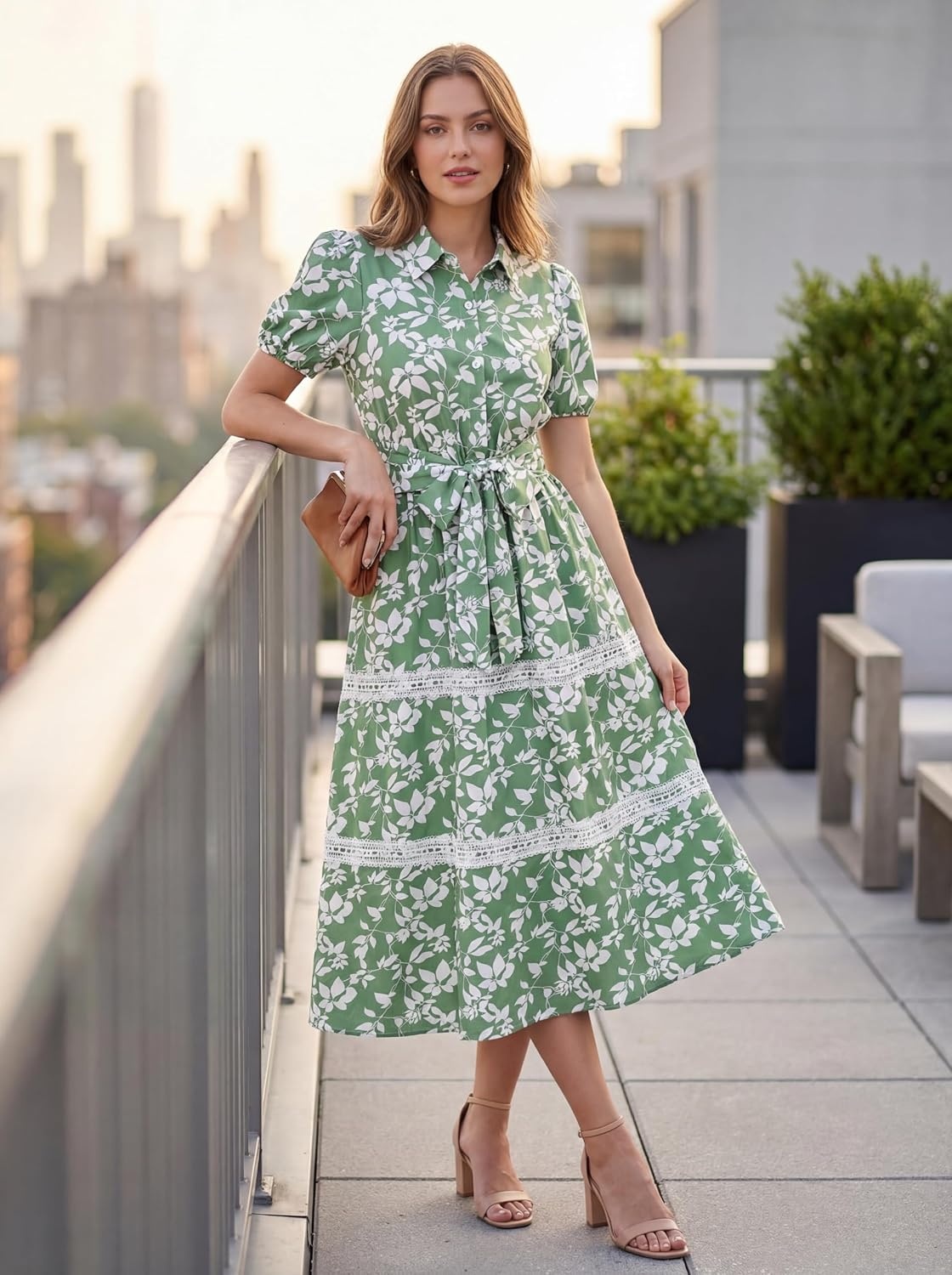image:imageGRACE KARIN Womens 2026 Summer Floral Maxi Dresses 2 Pocket Flowy Bohemian A Line Tie Belt Short Puff Sleeve Shirt Collar Lightweight Vacation Easter Wedding ShowerGreen White Leaf