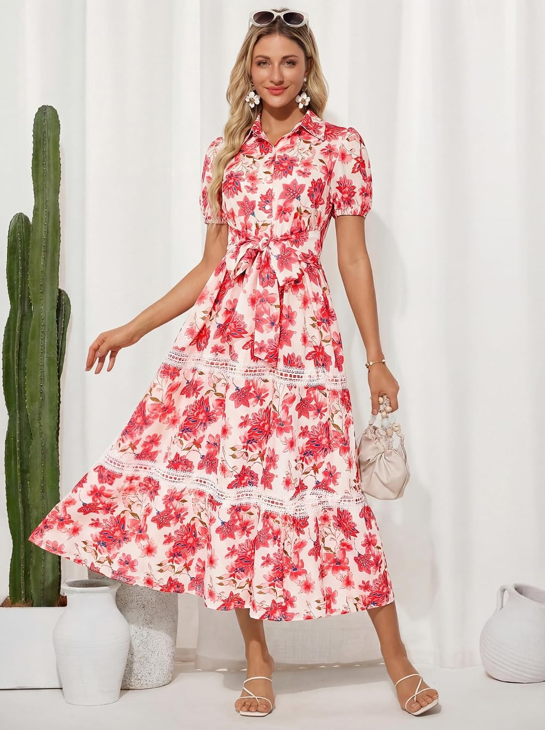 image:imageGRACE KARIN Womens 2026 Summer Floral Maxi Dresses 2 Pocket Flowy Bohemian A Line Tie Belt Short Puff Sleeve Shirt Collar Lightweight Vacation Easter Wedding ShowerRed Floral
