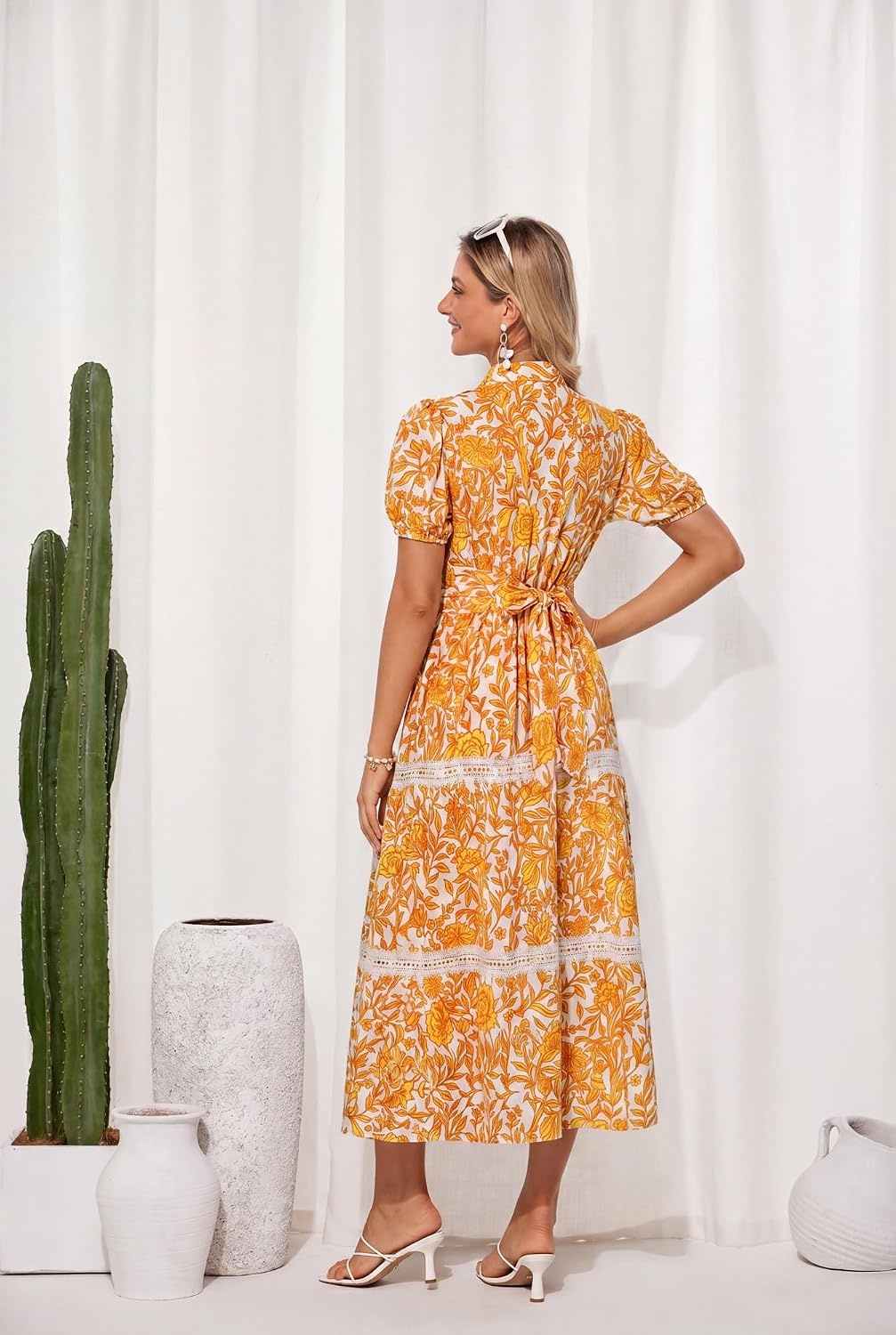 image:imageGRACE KARIN Womens 2026 Summer Floral Maxi Dresses 2 Pocket Flowy Bohemian A Line Tie Belt Short Puff Sleeve Shirt Collar Lightweight Vacation Easter Wedding ShowerWhite Orange