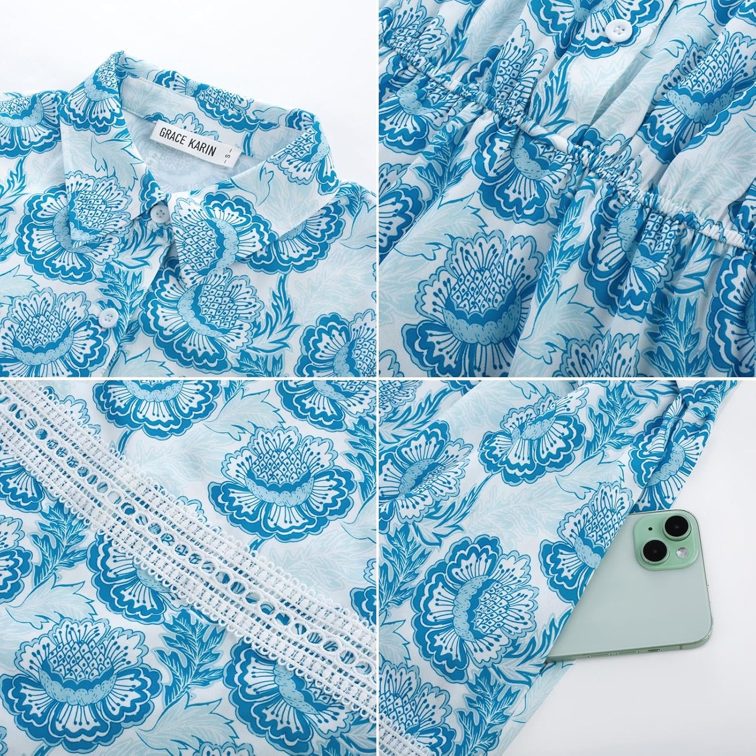 image:imageGRACE KARIN Womens 2026 Summer Floral Maxi Dresses 2 Pocket Flowy Bohemian A Line Tie Belt Short Puff Sleeve Shirt Collar Lightweight Vacation Easter Wedding ShowerWhite Blue