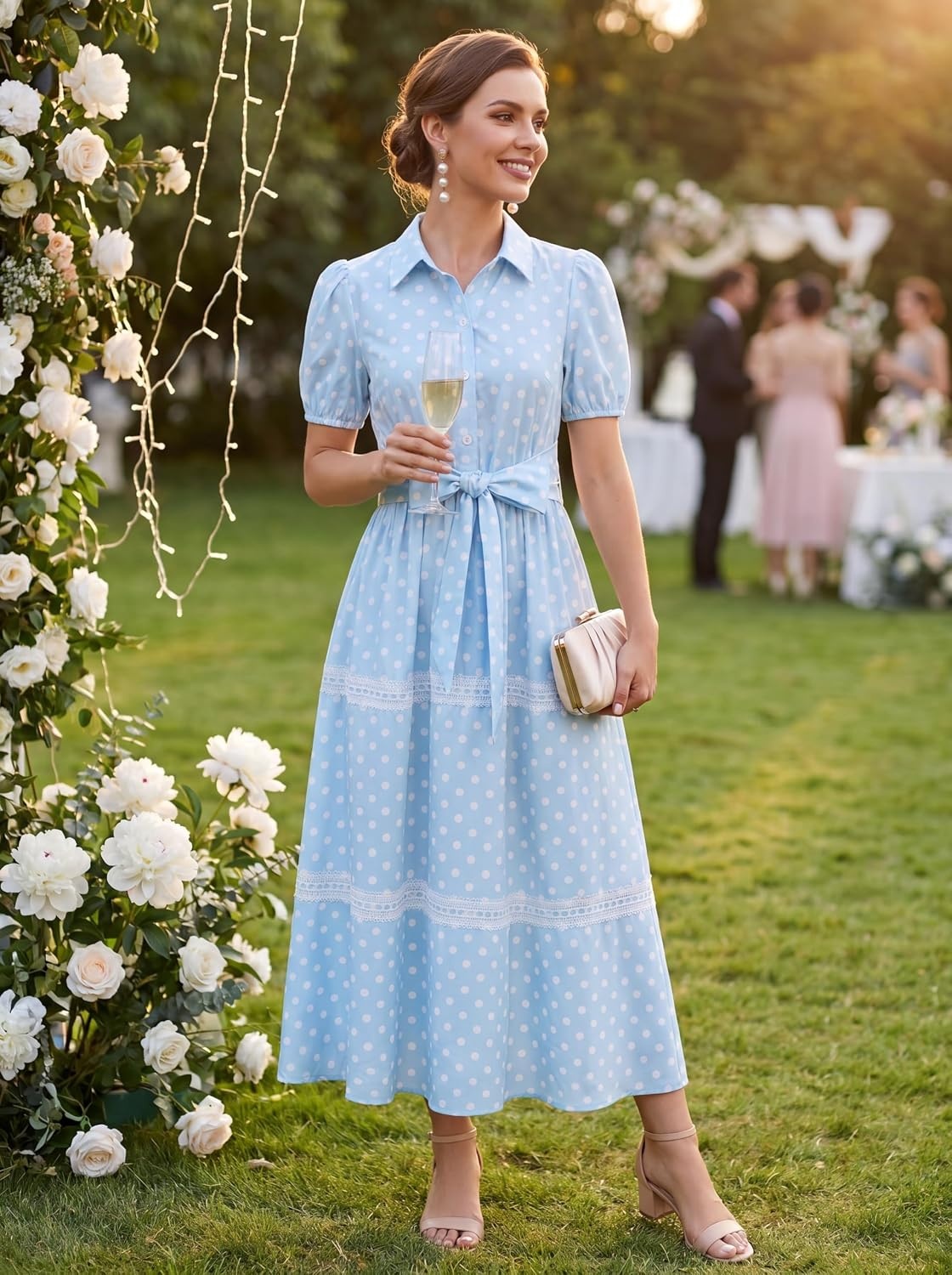 image:imageGRACE KARIN Womens 2026 Summer Floral Maxi Dresses 2 Pocket Flowy Bohemian A Line Tie Belt Short Puff Sleeve Shirt Collar Lightweight Vacation Easter Wedding ShowerBlue Dot