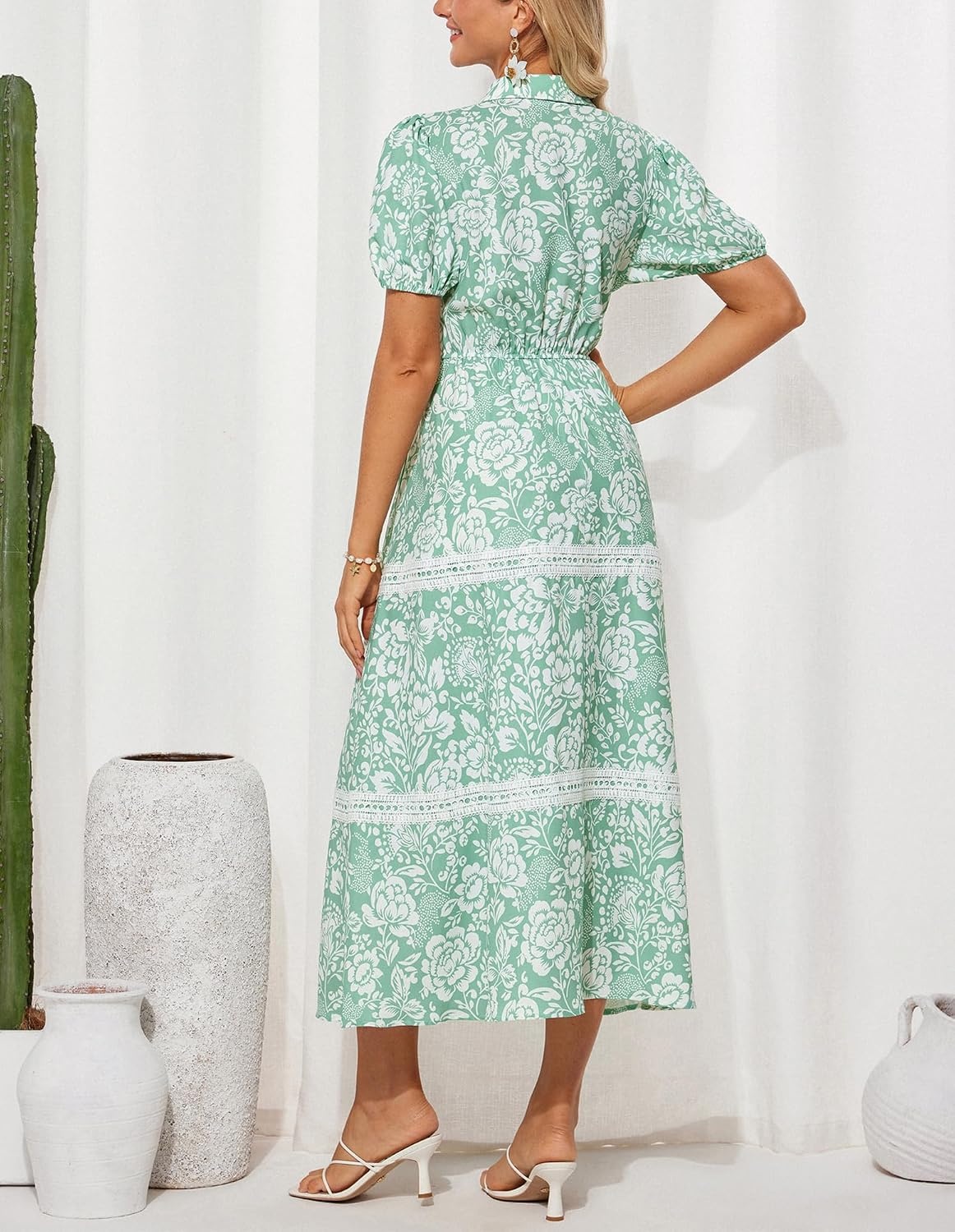 image:imageGRACE KARIN Womens 2026 Summer Floral Maxi Dresses 2 Pocket Flowy Bohemian A Line Tie Belt Short Puff Sleeve Shirt Collar Lightweight Vacation Easter Wedding ShowerGreen White