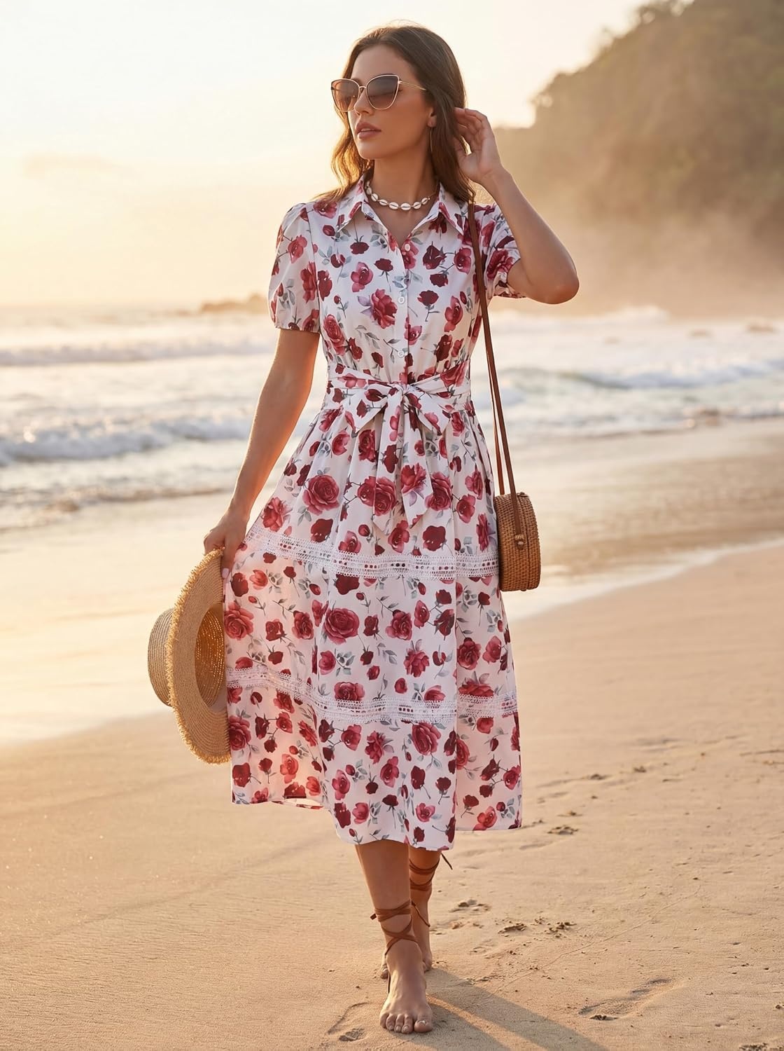image:imageGRACE KARIN Womens 2026 Summer Floral Maxi Dresses 2 Pocket Flowy Bohemian A Line Tie Belt Short Puff Sleeve Shirt Collar Lightweight Vacation Easter Wedding ShowerRose