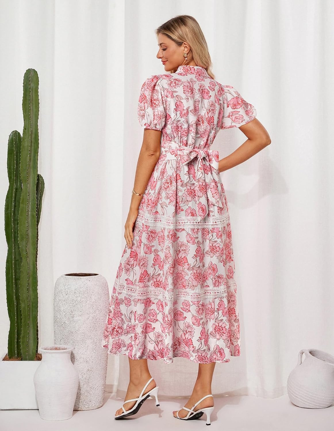 image:imageGRACE KARIN Womens 2026 Summer Floral Maxi Dresses 2 Pocket Flowy Bohemian A Line Tie Belt Short Puff Sleeve Shirt Collar Lightweight Vacation Easter Wedding ShowerPink Floral