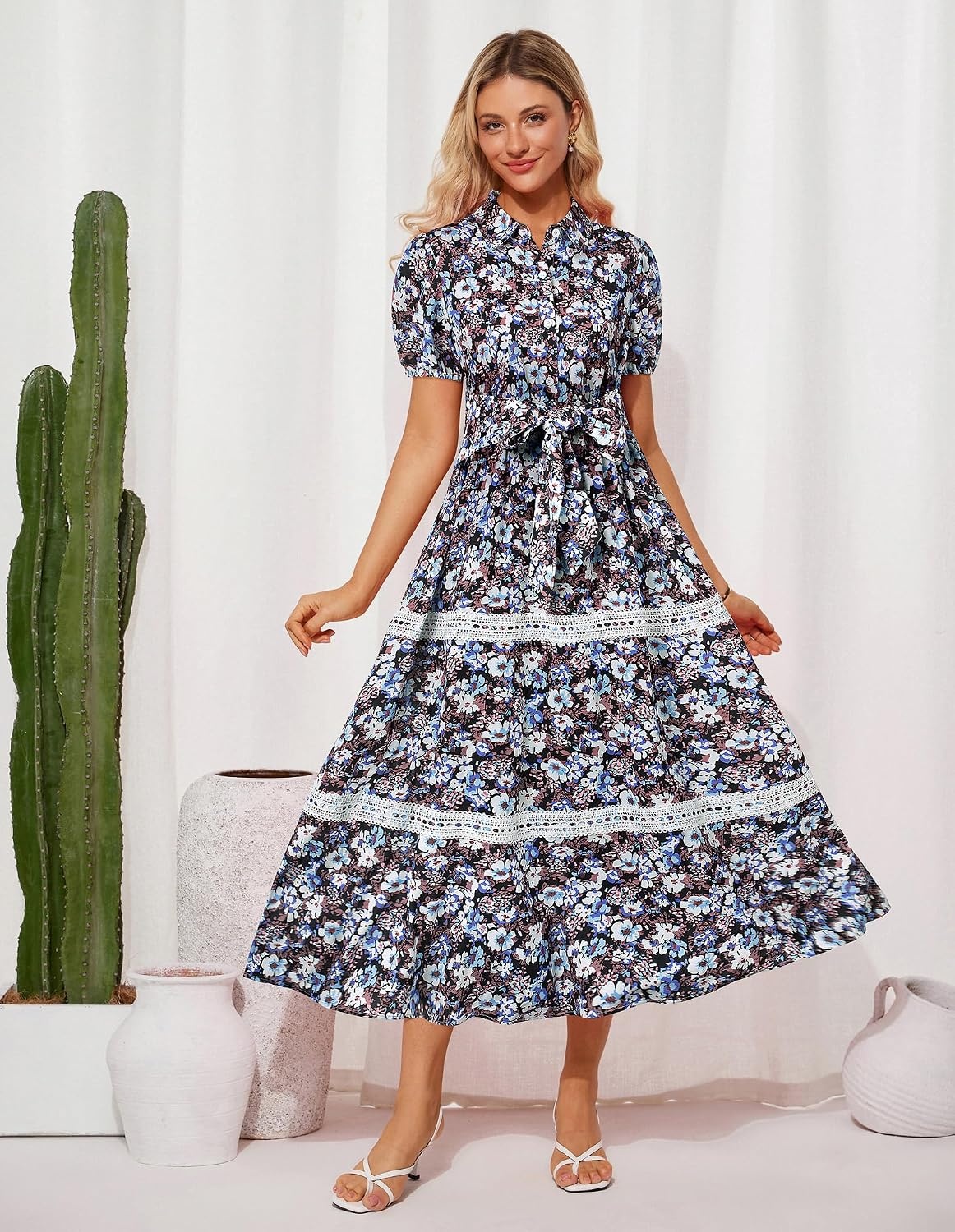image:imageGRACE KARIN Womens 2026 Summer Floral Maxi Dresses 2 Pocket Flowy Bohemian A Line Tie Belt Short Puff Sleeve Shirt Collar Lightweight Vacation Easter Wedding ShowerBlack Blue