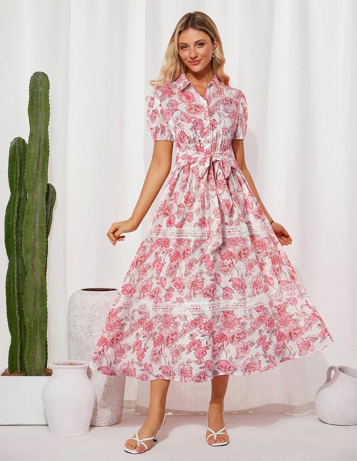 image:imageGRACE KARIN Womens 2026 Summer Floral Maxi Dresses 2 Pocket Flowy Bohemian A Line Tie Belt Short Puff Sleeve Shirt Collar Lightweight Vacation Easter Wedding ShowerPink Floral