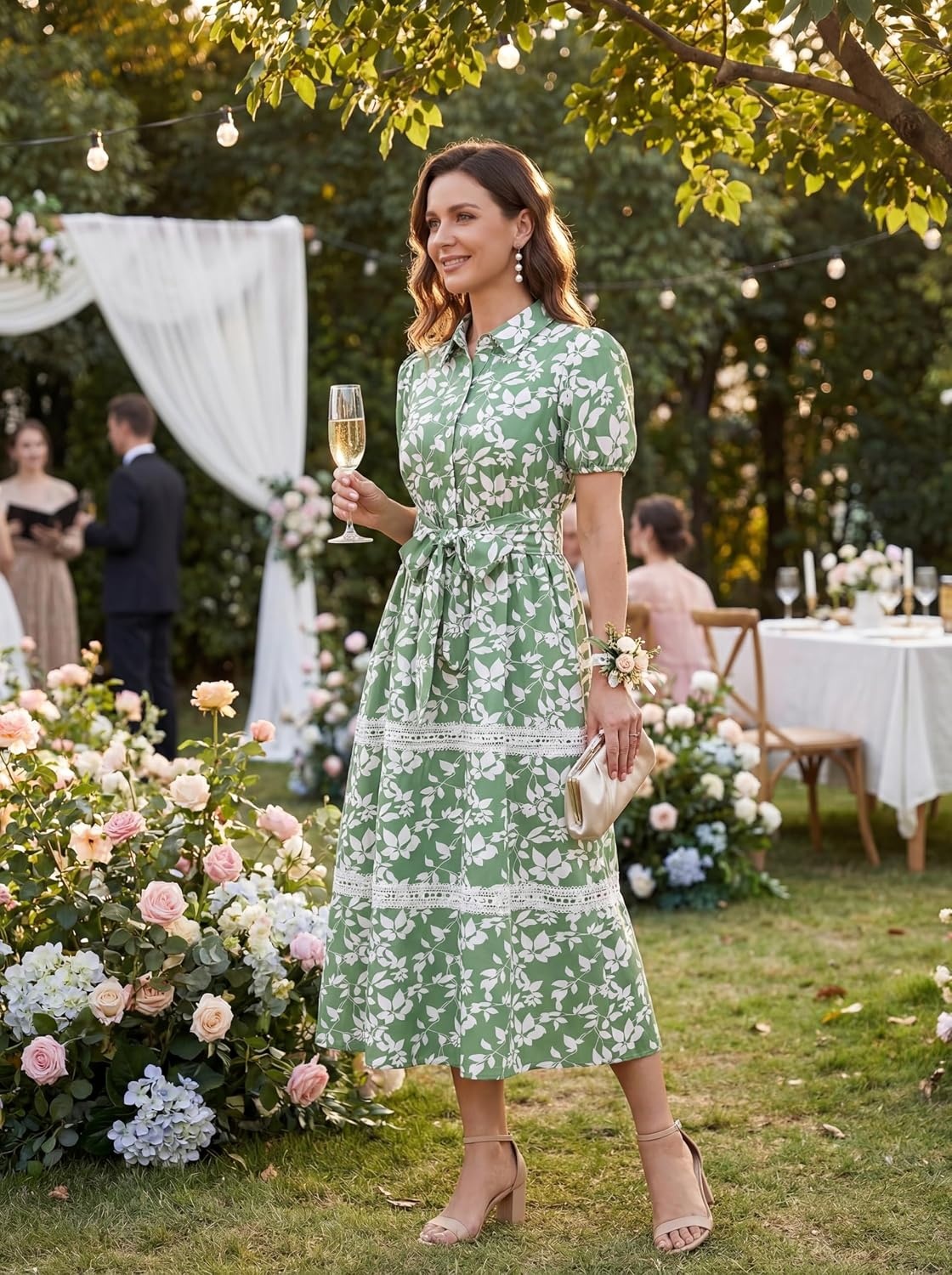 image:imageGRACE KARIN Womens 2026 Summer Floral Maxi Dresses 2 Pocket Flowy Bohemian A Line Tie Belt Short Puff Sleeve Shirt Collar Lightweight Vacation Easter Wedding ShowerGreen White Leaf
