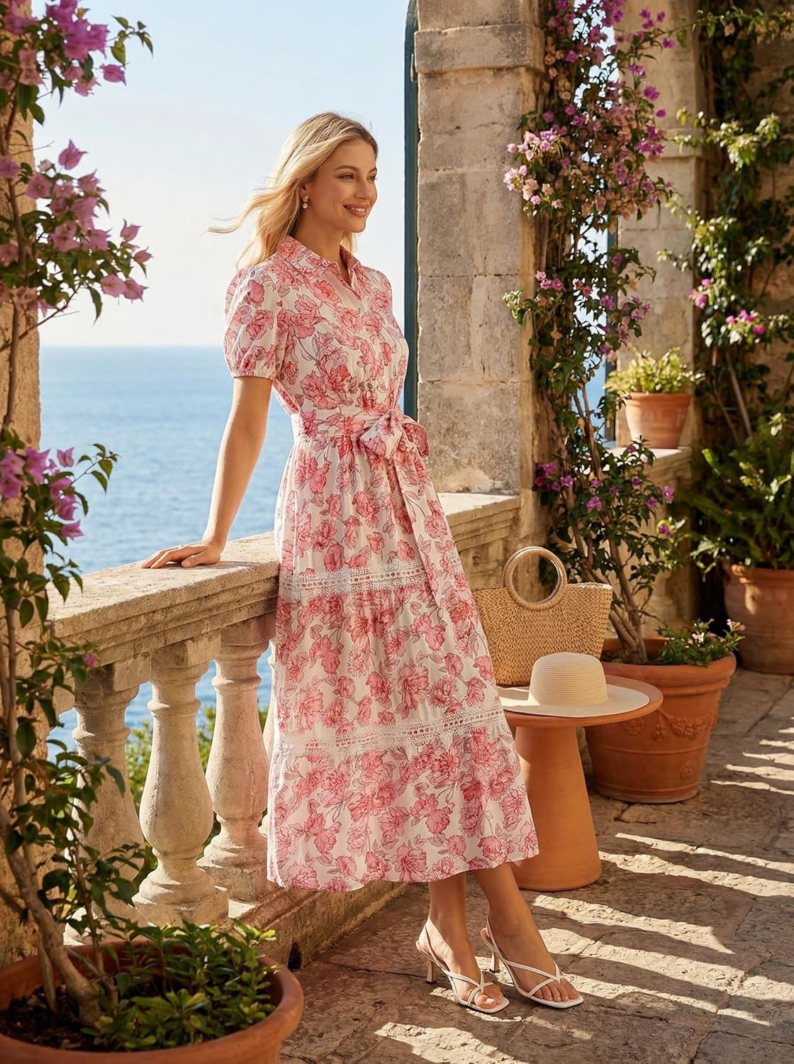 image:imageGRACE KARIN Womens 2026 Summer Floral Maxi Dresses 2 Pocket Flowy Bohemian A Line Tie Belt Short Puff Sleeve Shirt Collar Lightweight Vacation Easter Wedding ShowerPink Floral