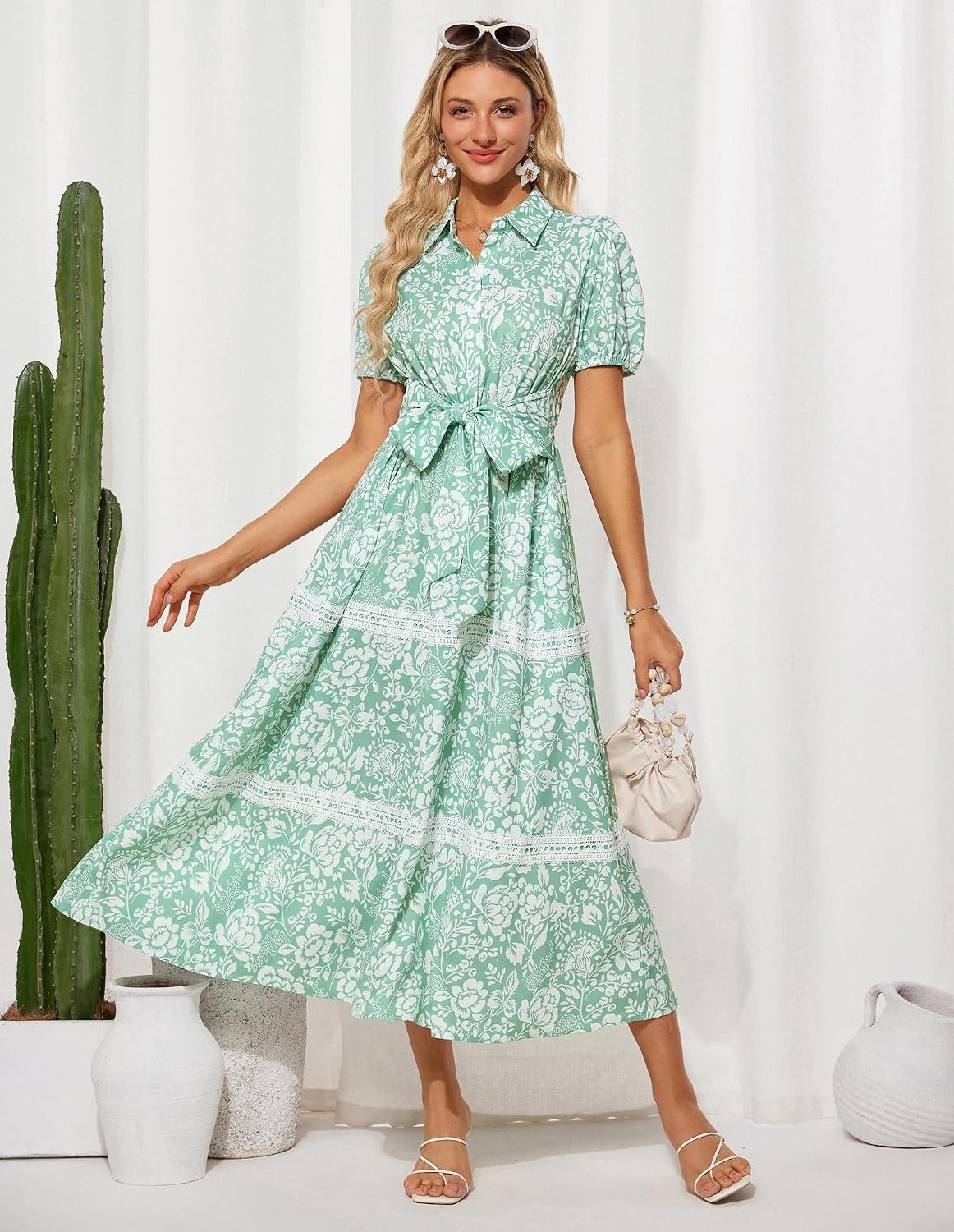 image:imageGRACE KARIN Womens 2026 Summer Floral Maxi Dresses 2 Pocket Flowy Bohemian A Line Tie Belt Short Puff Sleeve Shirt Collar Lightweight Vacation Easter Wedding ShowerGreen White