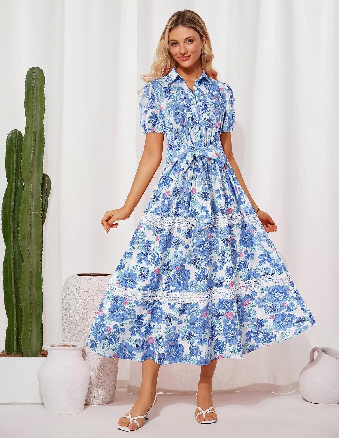 image:imageGRACE KARIN Womens 2026 Summer Floral Maxi Dresses 2 Pocket Flowy Bohemian A Line Tie Belt Short Puff Sleeve Shirt Collar Lightweight Vacation Easter Wedding ShowerBlue Pink