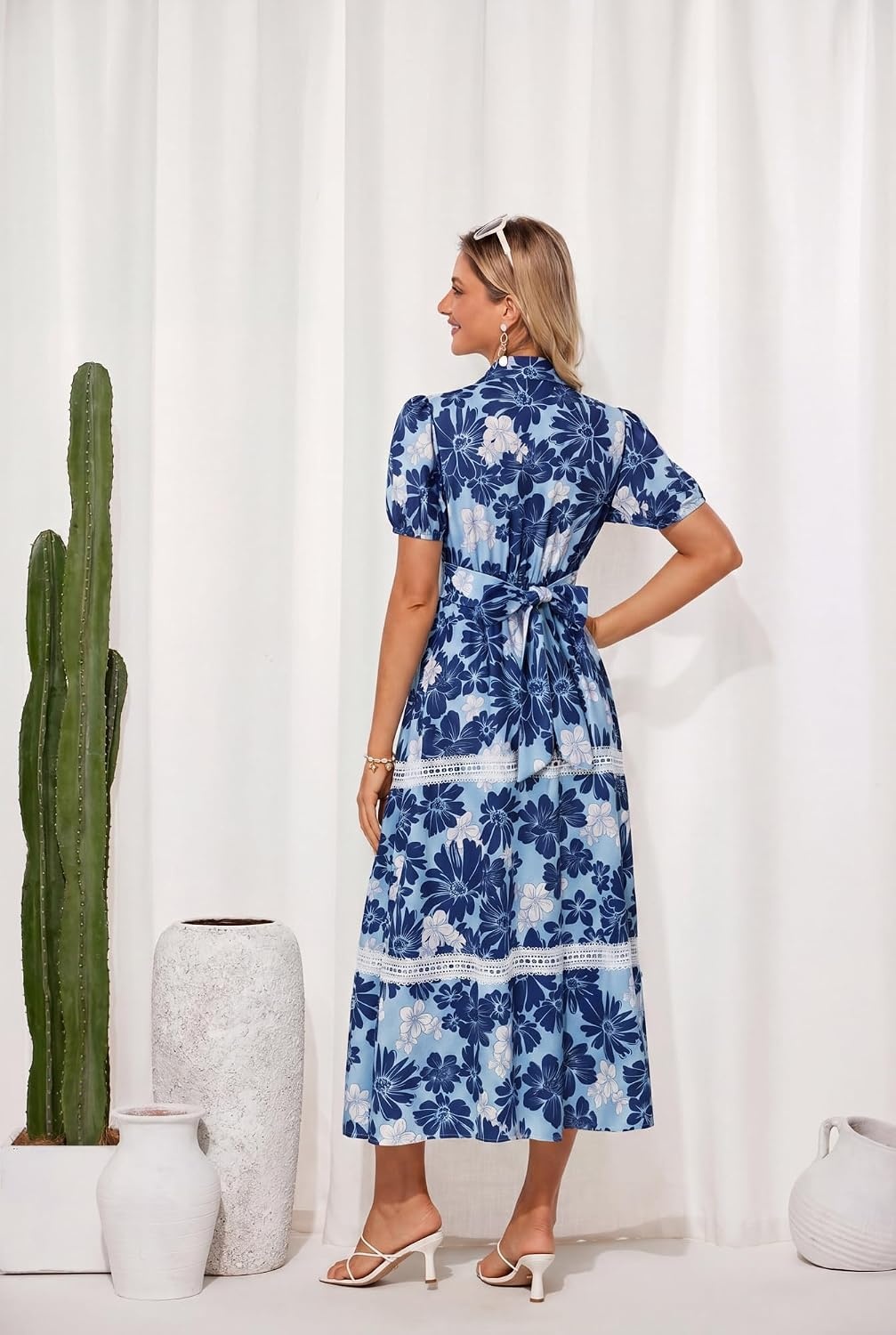 image:imageGRACE KARIN Womens 2026 Summer Floral Maxi Dresses 2 Pocket Flowy Bohemian A Line Tie Belt Short Puff Sleeve Shirt Collar Lightweight Vacation Easter Wedding ShowerNavy Flower