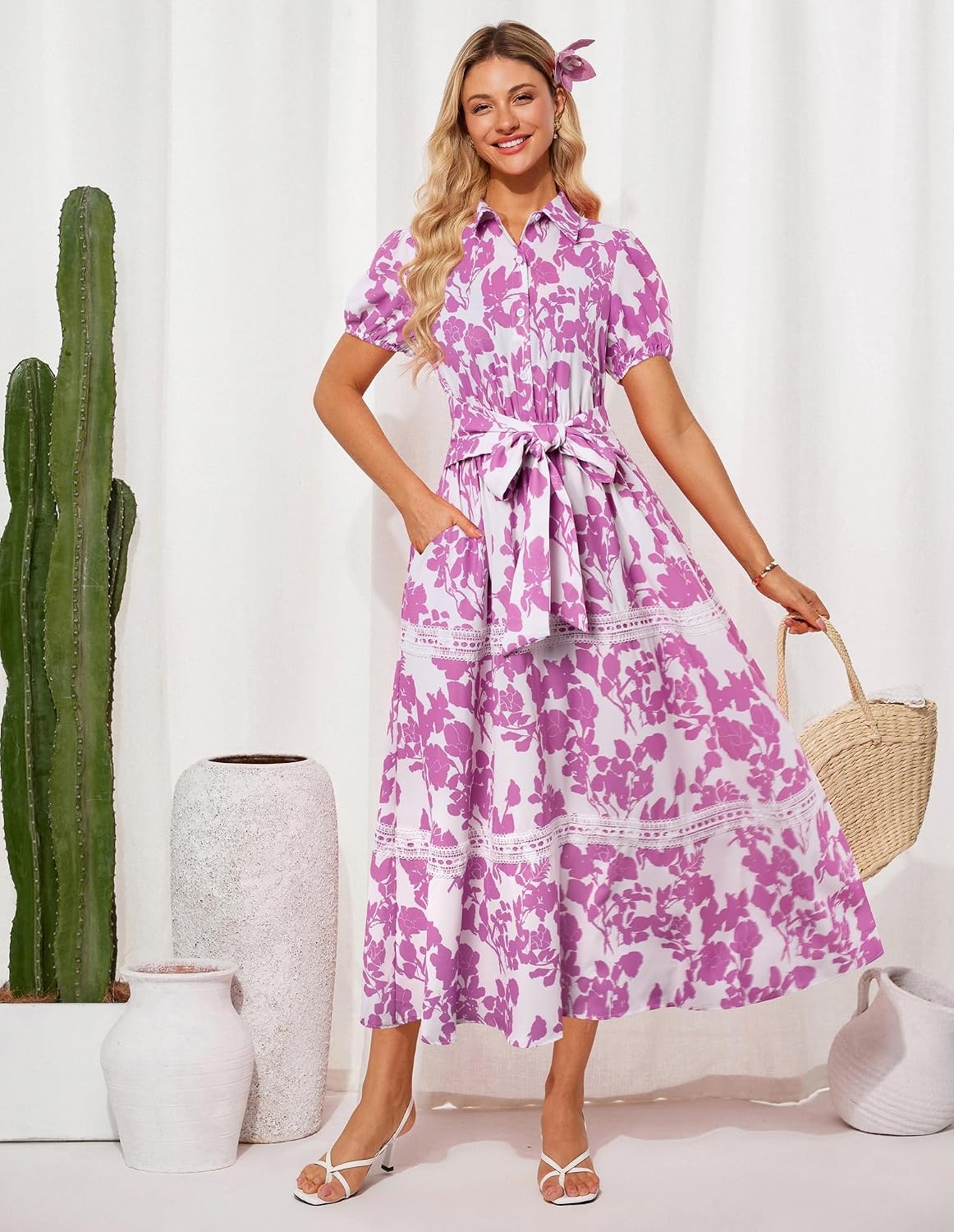 image:imageGRACE KARIN Womens 2026 Summer Floral Maxi Dresses 2 Pocket Flowy Bohemian A Line Tie Belt Short Puff Sleeve Shirt Collar Lightweight Vacation Easter Wedding ShowerWhite Purple