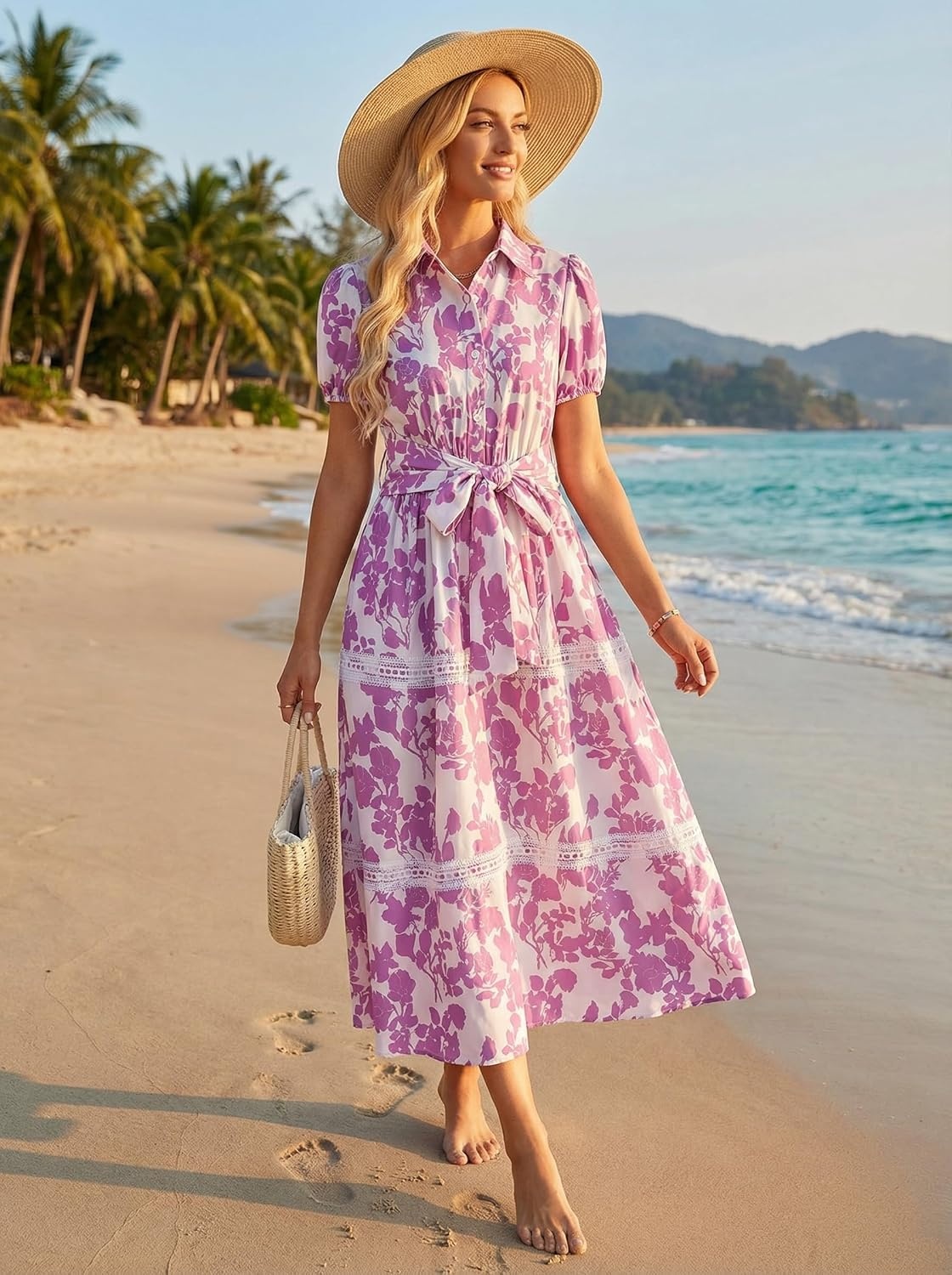 image:imageGRACE KARIN Womens 2026 Summer Floral Maxi Dresses 2 Pocket Flowy Bohemian A Line Tie Belt Short Puff Sleeve Shirt Collar Lightweight Vacation Easter Wedding ShowerWhite Purple