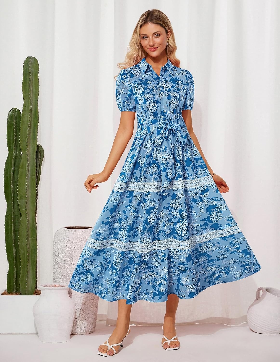 image:imageGRACE KARIN Womens 2026 Summer Floral Maxi Dresses 2 Pocket Flowy Bohemian A Line Tie Belt Short Puff Sleeve Shirt Collar Lightweight Vacation Easter Wedding ShowerBlue Floral