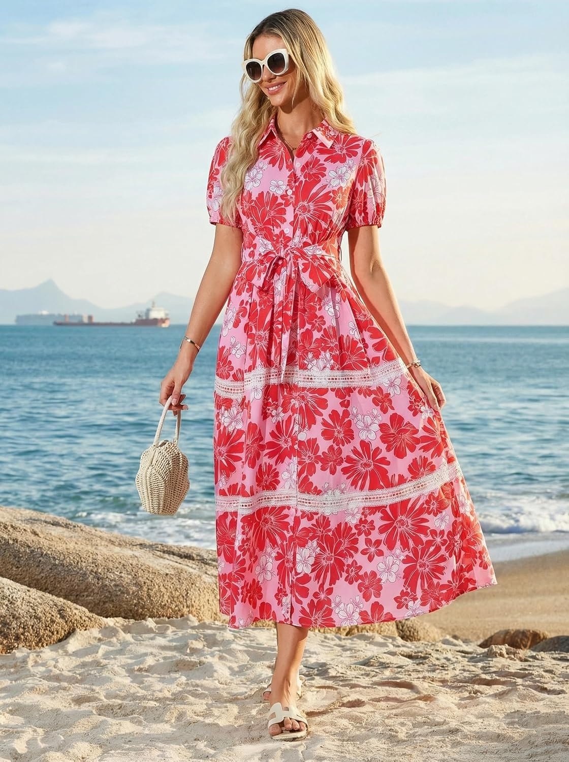 image:imageGRACE KARIN Womens 2026 Summer Floral Maxi Dresses 2 Pocket Flowy Bohemian A Line Tie Belt Short Puff Sleeve Shirt Collar Lightweight Vacation Easter Wedding ShowerPink Red