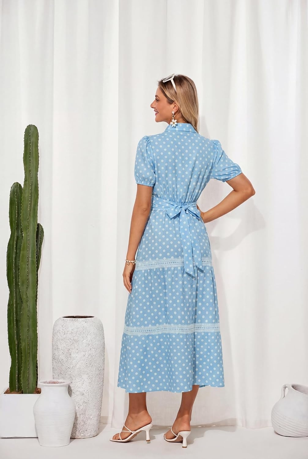 image:imageGRACE KARIN Womens 2026 Summer Floral Maxi Dresses 2 Pocket Flowy Bohemian A Line Tie Belt Short Puff Sleeve Shirt Collar Lightweight Vacation Easter Wedding ShowerBlue Dot