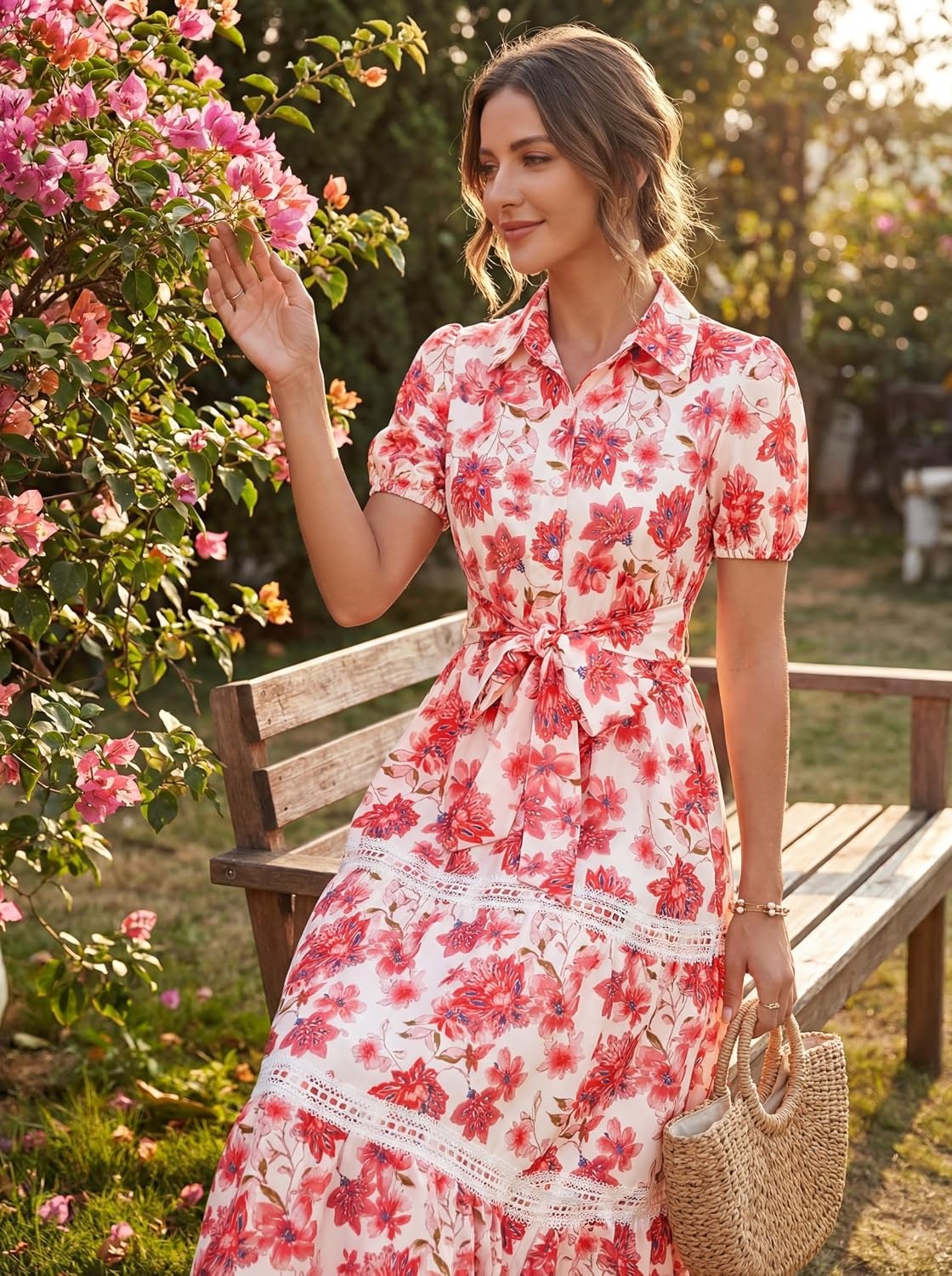 image:imageGRACE KARIN Womens 2026 Summer Floral Maxi Dresses 2 Pocket Flowy Bohemian A Line Tie Belt Short Puff Sleeve Shirt Collar Lightweight Vacation Easter Wedding ShowerRed Floral