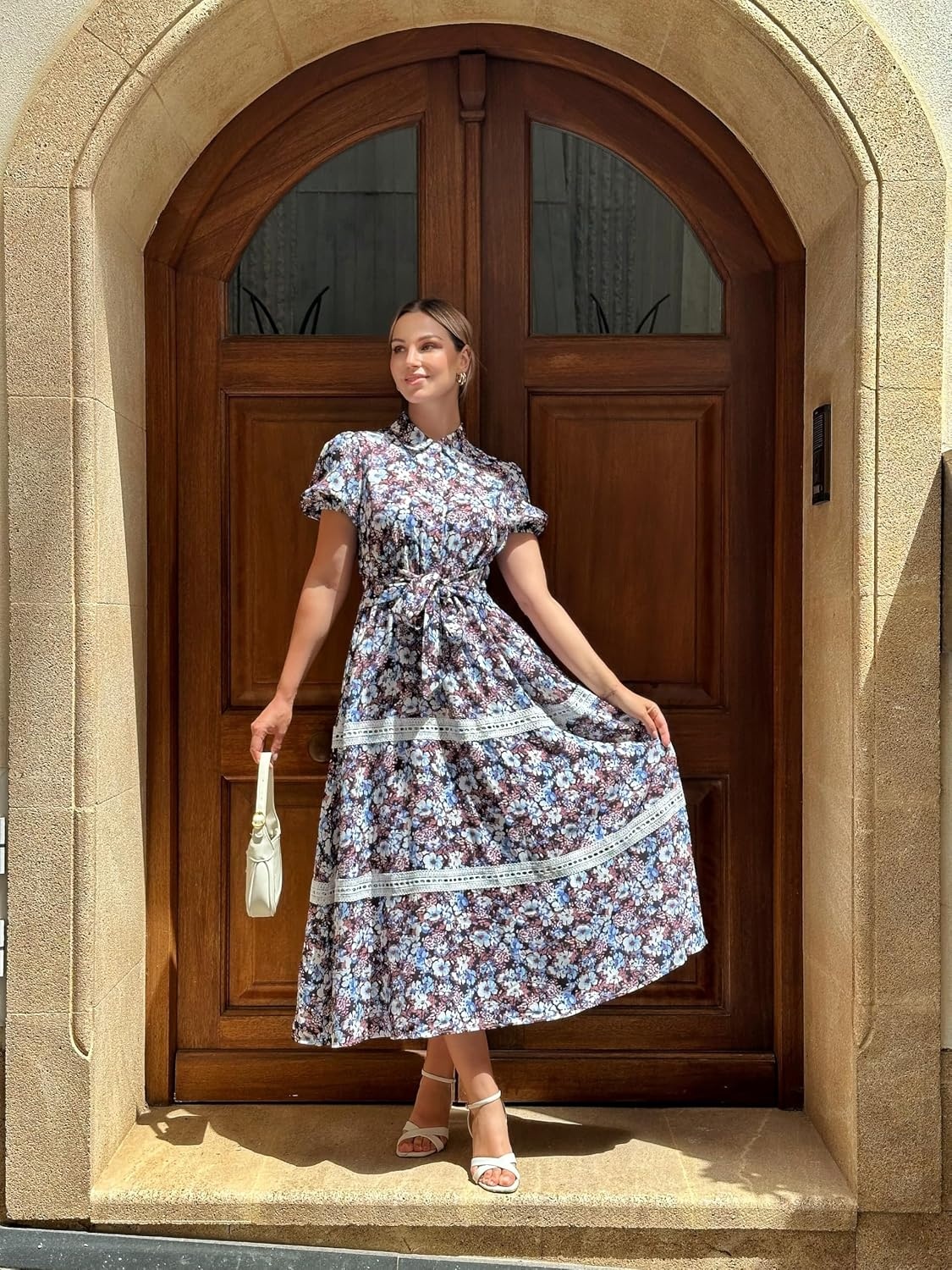 image:imageGRACE KARIN Womens 2026 Summer Floral Maxi Dresses 2 Pocket Flowy Bohemian A Line Tie Belt Short Puff Sleeve Shirt Collar Lightweight Vacation Easter Wedding ShowerBlack Blue