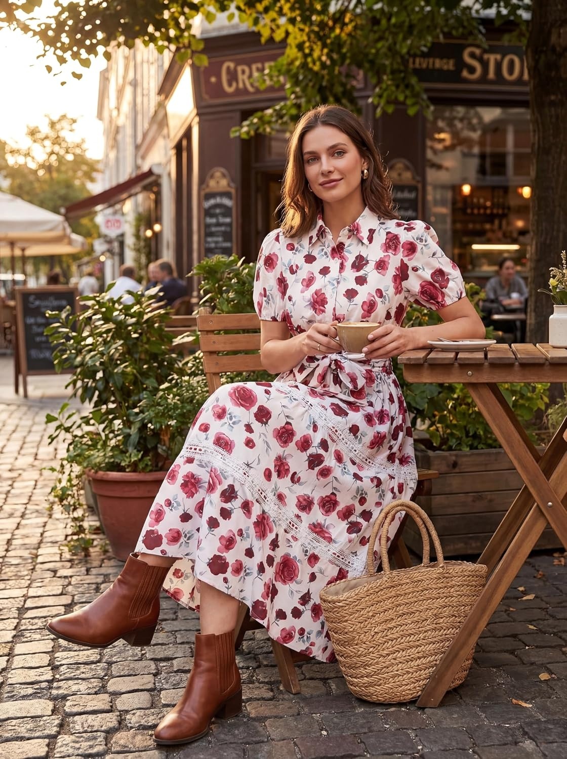 image:imageGRACE KARIN Womens 2026 Summer Floral Maxi Dresses 2 Pocket Flowy Bohemian A Line Tie Belt Short Puff Sleeve Shirt Collar Lightweight Vacation Easter Wedding ShowerRose