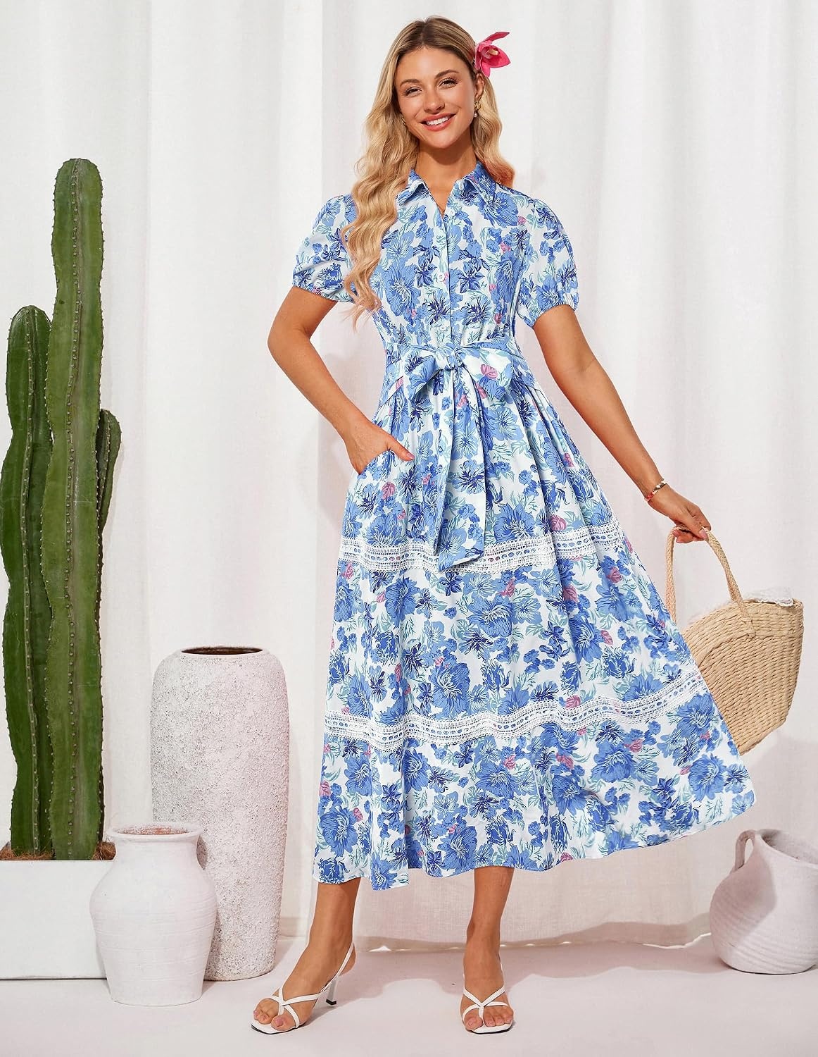 image:imageGRACE KARIN Womens 2026 Summer Floral Maxi Dresses 2 Pocket Flowy Bohemian A Line Tie Belt Short Puff Sleeve Shirt Collar Lightweight Vacation Easter Wedding ShowerBlue Pink