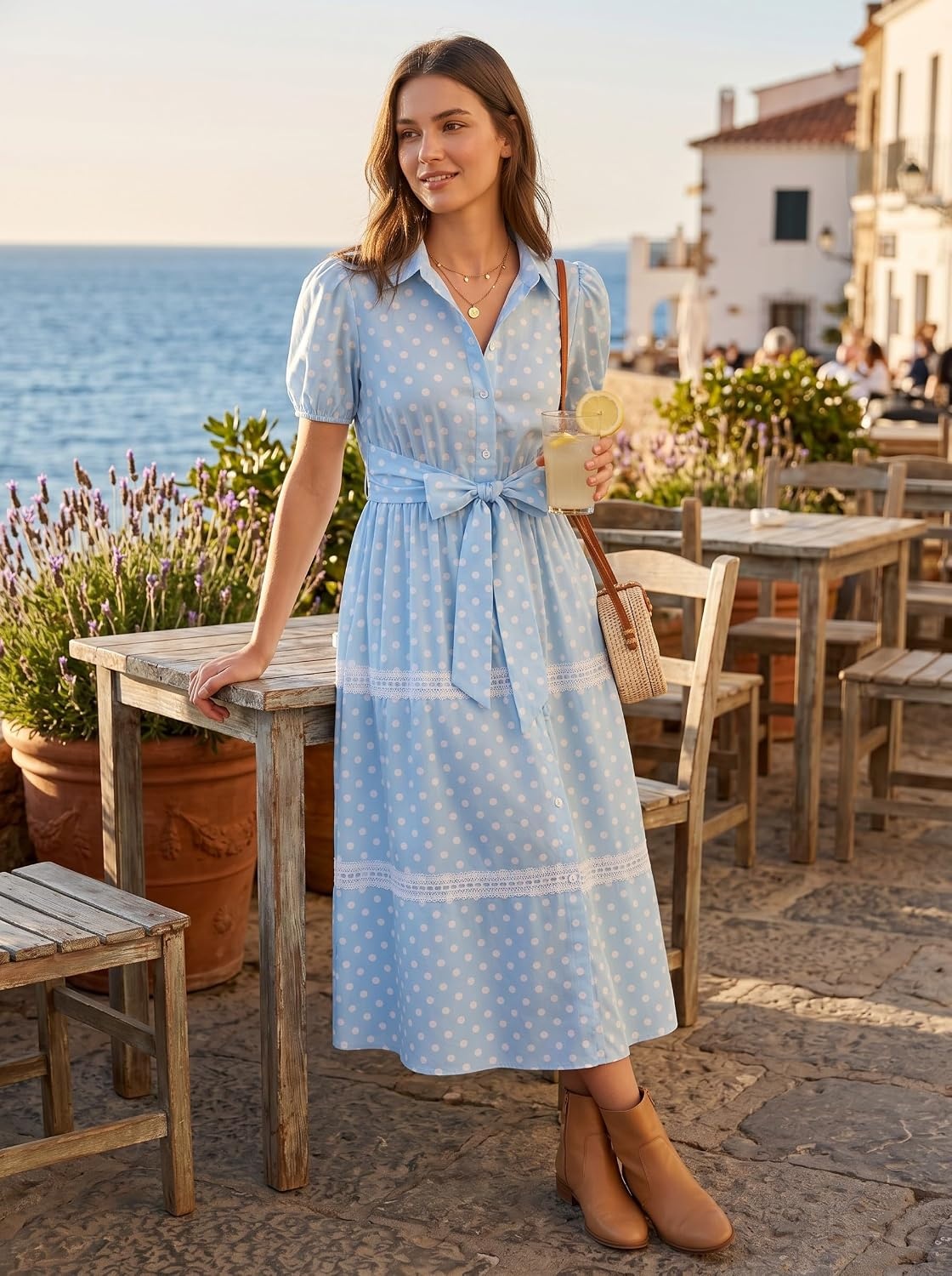 image:imageGRACE KARIN Womens 2026 Summer Floral Maxi Dresses 2 Pocket Flowy Bohemian A Line Tie Belt Short Puff Sleeve Shirt Collar Lightweight Vacation Easter Wedding ShowerBlue Dot