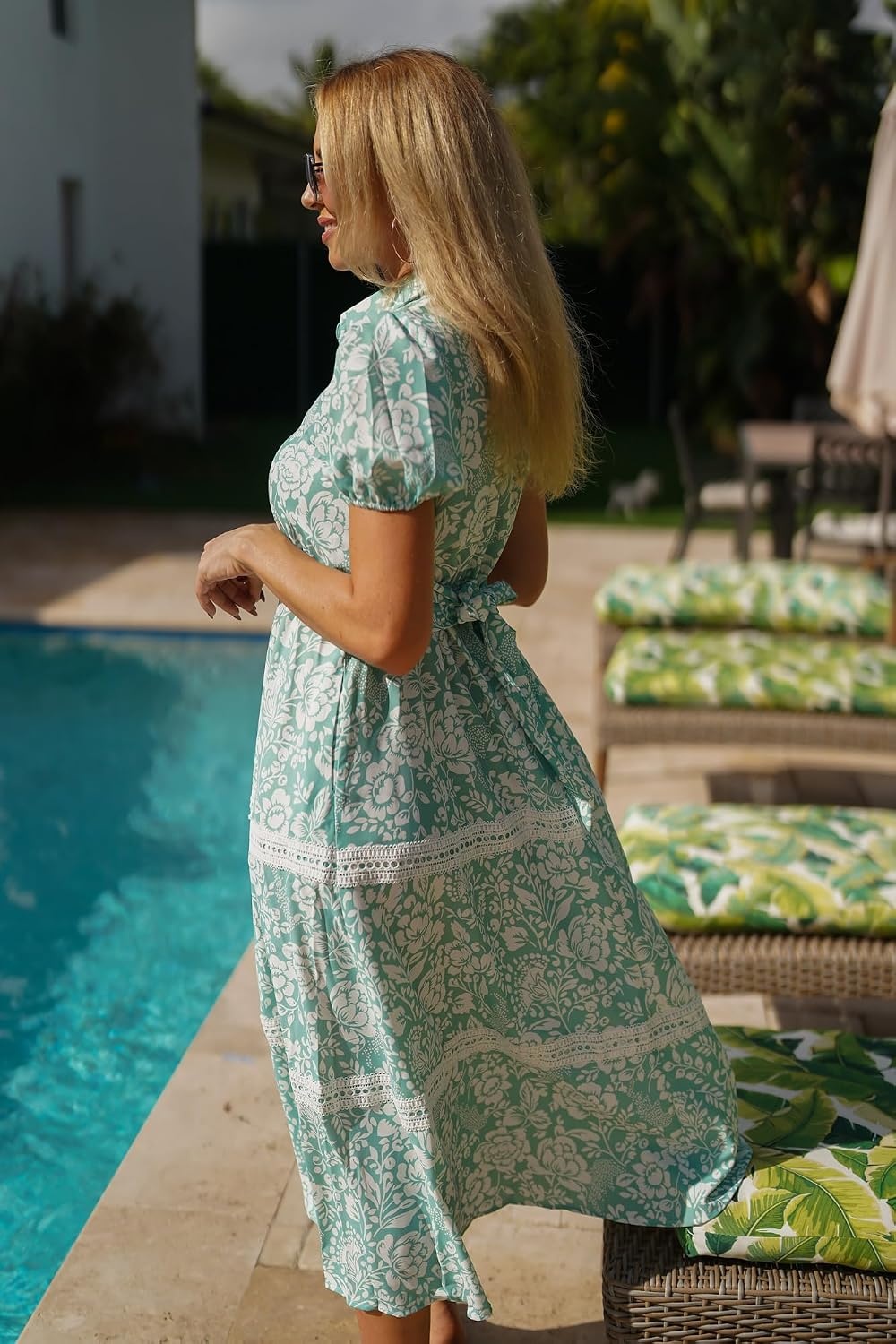image:imageGRACE KARIN Womens 2026 Summer Floral Maxi Dresses 2 Pocket Flowy Bohemian A Line Tie Belt Short Puff Sleeve Shirt Collar Lightweight Vacation Easter Wedding ShowerGreen White