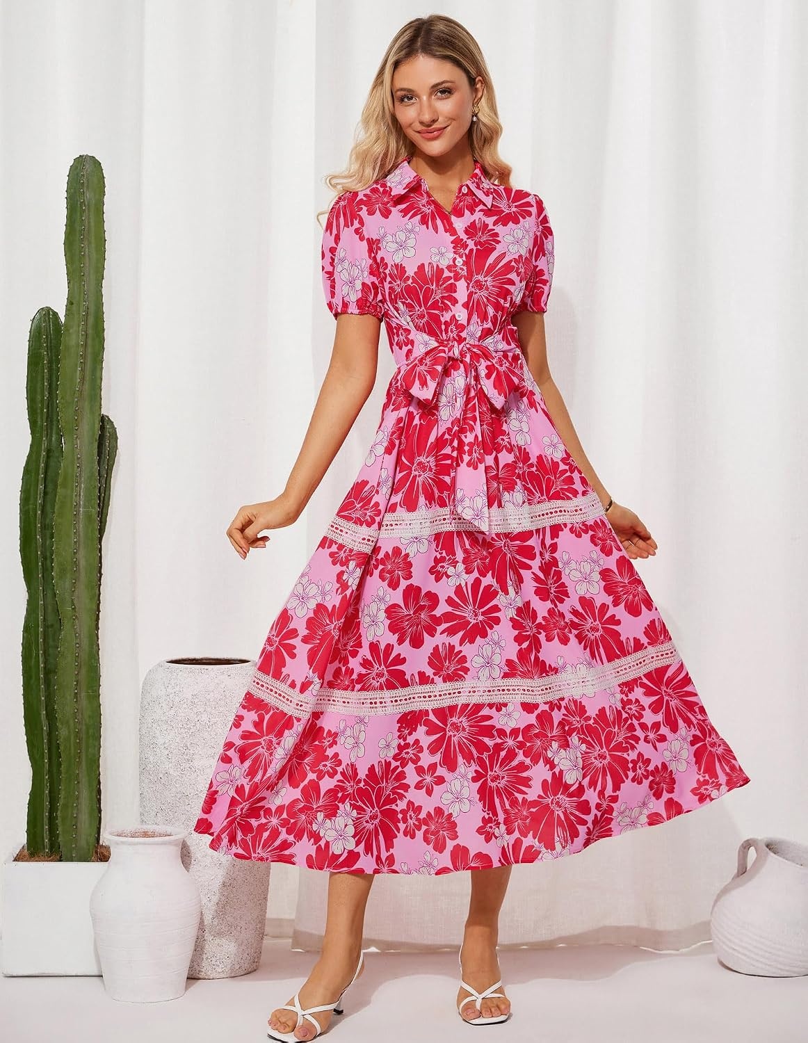 image:imageGRACE KARIN Womens 2026 Summer Floral Maxi Dresses 2 Pocket Flowy Bohemian A Line Tie Belt Short Puff Sleeve Shirt Collar Lightweight Vacation Easter Wedding ShowerPink Red