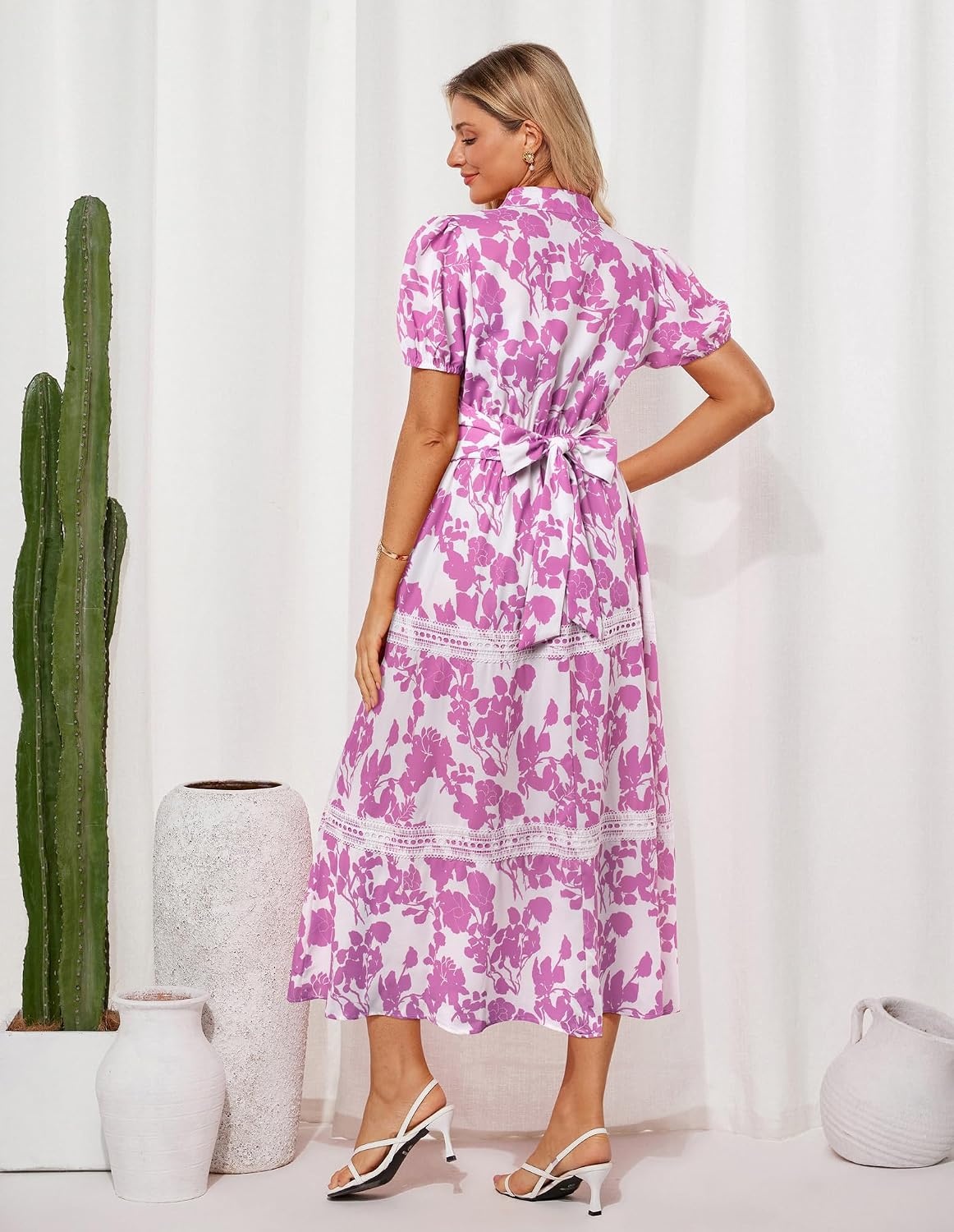 image:imageGRACE KARIN Womens 2026 Summer Floral Maxi Dresses 2 Pocket Flowy Bohemian A Line Tie Belt Short Puff Sleeve Shirt Collar Lightweight Vacation Easter Wedding ShowerWhite Purple