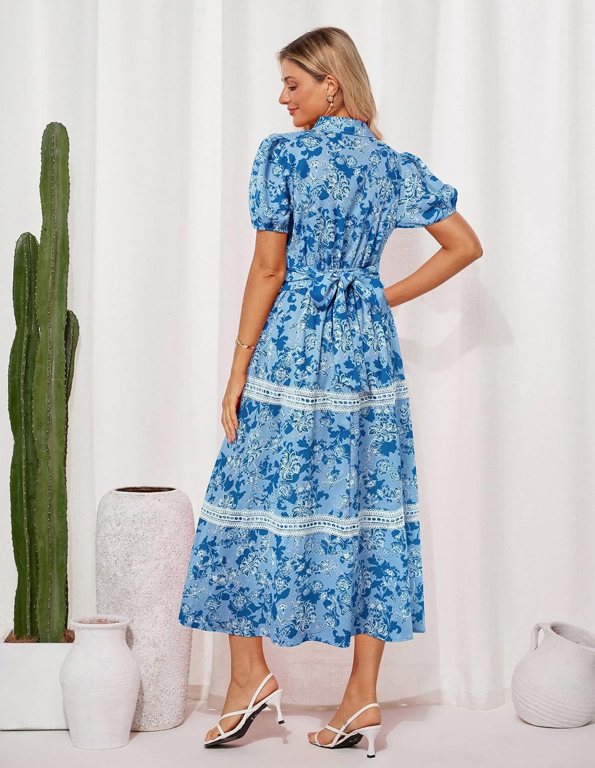 image:imageGRACE KARIN Womens 2026 Summer Floral Maxi Dresses 2 Pocket Flowy Bohemian A Line Tie Belt Short Puff Sleeve Shirt Collar Lightweight Vacation Easter Wedding ShowerBlue Floral