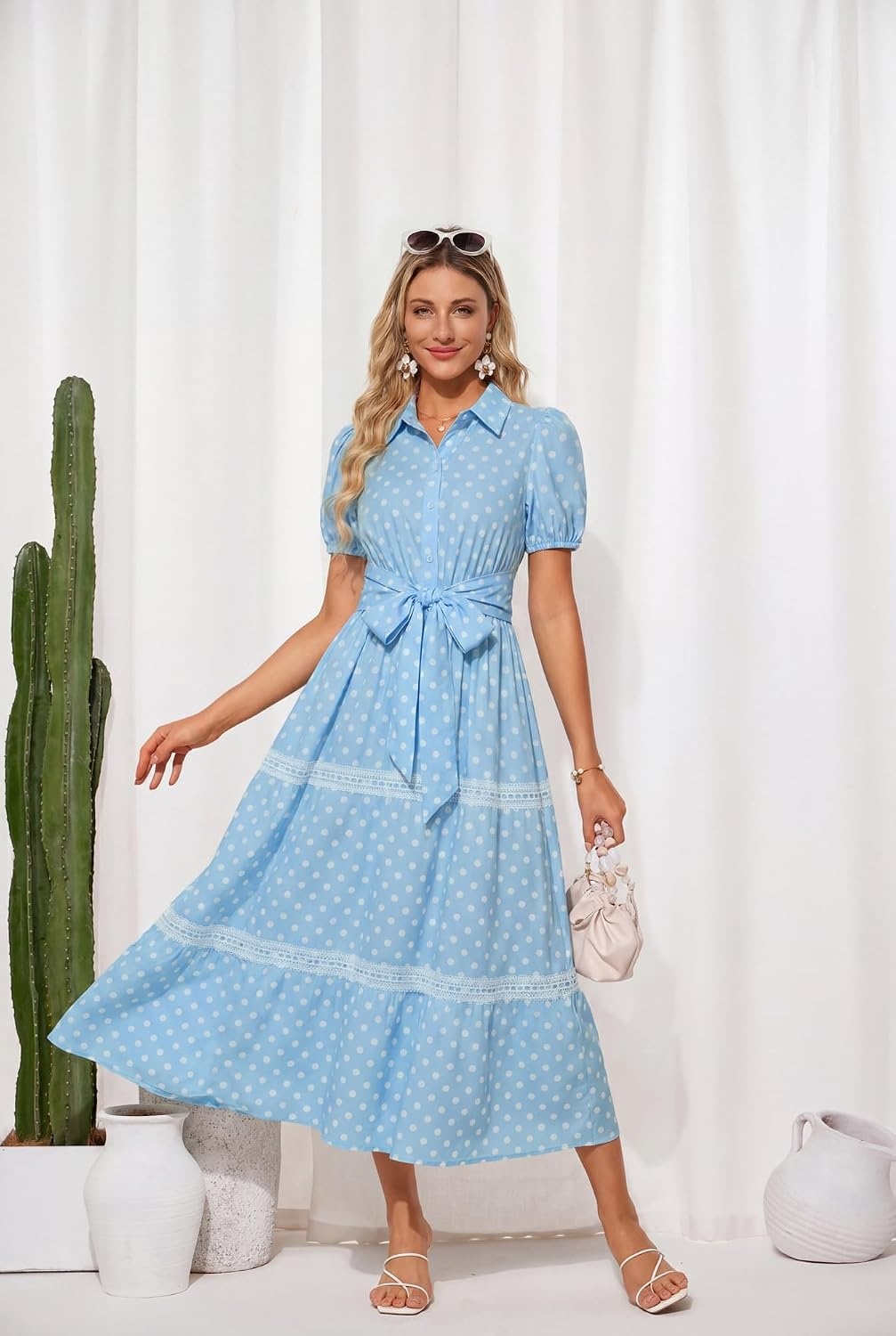 image:imageGRACE KARIN Womens 2026 Summer Floral Maxi Dresses 2 Pocket Flowy Bohemian A Line Tie Belt Short Puff Sleeve Shirt Collar Lightweight Vacation Easter Wedding ShowerBlue Dot