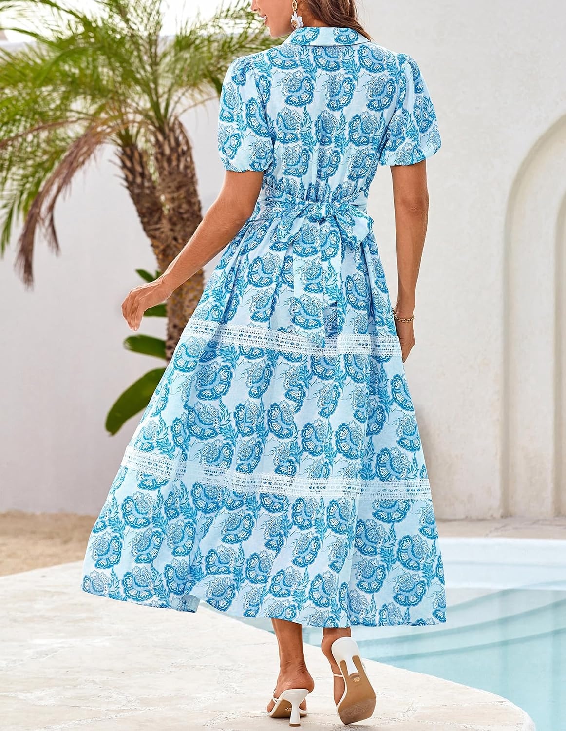 image:imageGRACE KARIN Womens 2026 Summer Floral Maxi Dresses 2 Pocket Flowy Bohemian A Line Tie Belt Short Puff Sleeve Shirt Collar Lightweight Vacation Easter Wedding ShowerWhite Blue